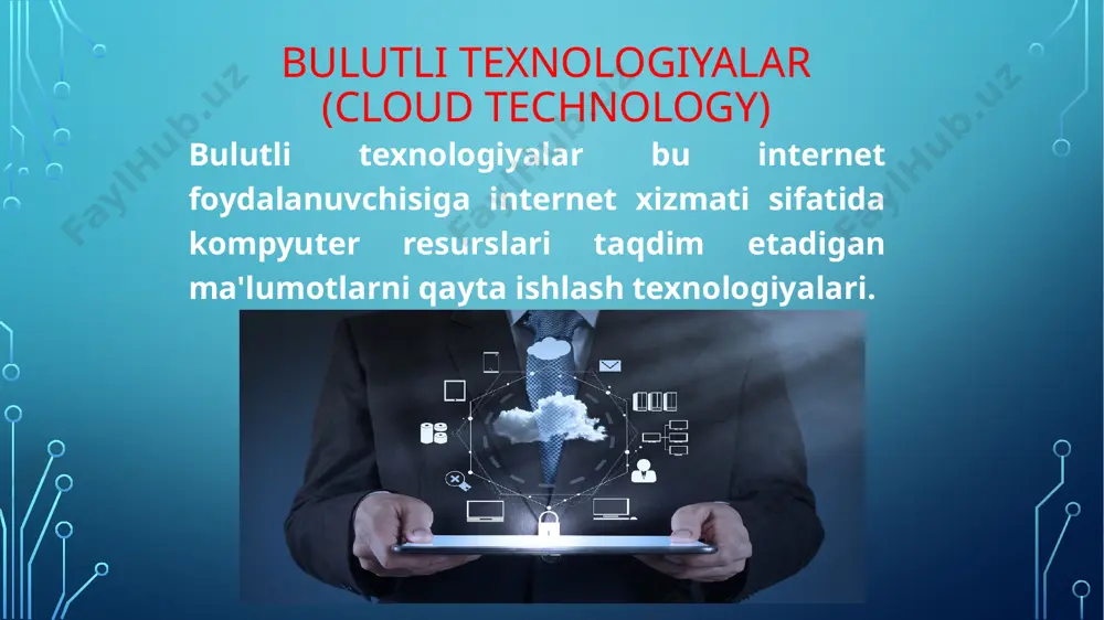 uzilmasida ishlaydigan iste’molchi-provayder ilovalariga taqdim etiladi. platform xizmat sifatida platform xizmat sifatida iste’molchiga provayder tomonidan qo’llab-quvvatlanadigan asboblar va dasturlash tillari yordamida ishlab chiqilgan xaridorlar tomonidan yaratilgan yoki foydalanishi infratuzilma xizmat sifatida iste'molchi axborot uzatish, saqlash, tarmoqlar va boshqa asosiy hisoblash resurslari bilan ta'minlangan bo'lib, iste'molchi operatsion tizimlar va ilovalarni o'z ichiga olgan o'zboshimchalik bilan dasturiy ta'minotni ishlatishi va ishlatishi bulutli texnologiyalarning afzalliklari bulutli texnologiyalarning afzalliklari harakatchanlik: agar internetga ulanish bo'lsa, foydalanuvchi ma'lumotlarga kirish joyiga biriktirilmaydi yuqori mahsuldorlik: foydalanuvchi ma'lumotlarni saqlash, tahlil qilish va qayta ishlash uchun katta hisoblash quvvatiga ega tejamkorlik: foydalanuvchi qimmat hisoblash uskunalarini, dasturiy ta'minotni sotib olish va umuman tizimga texnik xizmat ko'rsatish bilan bog'liq xarajatlarni o'z zimmasiga olmaydi xavfsizlik: ma'lumotlarning xavfsizligi va yaxlitligi kriptografik vositalar va ma'lumotlar uzatiladigan xavfsiz protokollar yordamida ta'minlanadi bulutli texnologiyalarning kamchiliklari bulutli texnologiyalarning kamchiliklari bulutni yaratgan kompaniyaga foydalanuvchining ma'lumotlarning saqlashning qaramligi bulutli texnologiyalar bo'yicha monopoliyalarning hosil bo'lishi serverga xakerlar hujumi xavfi resursdan keyinchalik …
