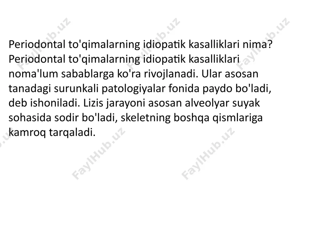 yomon nafas chaynash paytida og'riq, saqich hududida noqulaylik periodontal to'qimalarning shishishi klinik ko'rinish tez rivojlanadi. davolashning etishmasligi tishsizlikka olib keladi. idiopatik periodontal kasalliklar: tasnifi klinik ko'rinishlarga qarab, idiopatik periodontal kasalliklarga hamroh bo'lgan bir nechta sindromlar ajralib turadi. kasallikning tasnifi quyidagi shakllarni o'z ichiga oladi. eozinofil granuloma periodontomalar - milk to'qimalarida fibromatoz o'zgarishlar, kistalar, epulislar, periodontal o'smalar letter-siwe kasalligi desmodontoz gistiyositoz hand-schuller-xristian kasalligi papillon-lefevre sindromi klinik ko'rinishning intensivligiga qarab, kasallikning prodromal va og'ir bosqichlari farqlanadi. bolalardagi idiopatik periodontal kasalliklar nimani anglatadi? bunday anomaliyalar asosan boshqa tizimli lezyonlari bo'lgan bolalarda rivojlanadi. qoida tariqasida, bolalarda idiopatik periodontal kasalliklar dentofasiyal apparatlar bilan bog'liq mavjud muammolar fonida yuzaga keladi. bunday tashxis bilan, faqat simptomatik bo'lsa ham, davolanishni kechiktirmaslik kerak. idiopatik periodontal kasalliklarning differentsial diagnostikasi tish tizimida patologik o'zgarishlar yuzaga kelganda, kasallikni to'g'ri aniqlash muhim ahamiyatga ega, buning uchun differentsial tashxis qo'llaniladi. keyingi taktikalar va belgilangan davolanishning samaradorligi bunga bog'liq. idiopatik periodontal kasalliklarning differentsial diagnostikasi, birinchi …