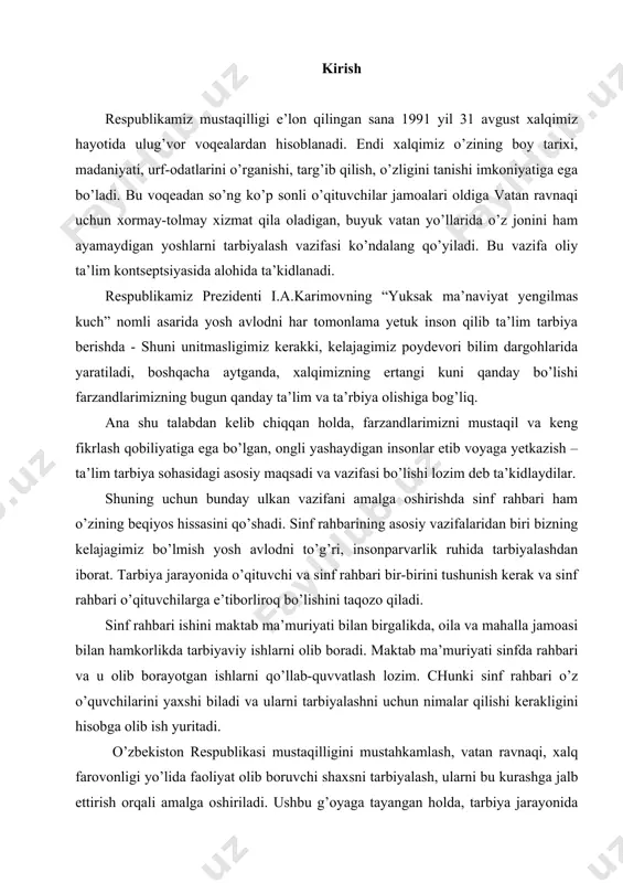 ti bilan birgalikda, oila va mahalla jamoasi bilan hamkorlikda tarbiyaviy ishlarni olib boradi. maktab ma’muriyati sinfda rahbari va u olib borayotgan ishlarni qo’llab-quvvatlash lozim. chunki sinf rahbari o’z o’quvchilarini yaxshi biladi va ularni tarbiyalashni uchun nimalar qilishi kerakligini hisobga olib ish yuritadi. o’zbekiston respublikasi mustaqilligini mustahkamlash, vatan ravnaqi, xalq farovonligi yo’lida faoliyat olib boruvchi shaxsni tarbiyalash, ularni bu kurashga jalb ettirish orqali amalga oshiriladi. ushbu g’oyaga tayangan holda, tarbiya jarayonida uning qonuniyatlariga muvofiq tarbiya metodlaridan foydalanib ish ko’rish lozim bo’ladi. tarbiya metodlari bu o’qituvchi (tarbiyachi) va jamoa tomonidan g’oyaviy va ma’naviy e’tiqodlarini, ma’naviy his-tuyg’u va odatlarni tarkib toptirish maqsadida qo’llaniladigan shaxsga tarbiyaviy ta’sir ko’rsatish yo’llari demakdir. tarbiya metodlari o’quvchilarning o’z shaxsini takomillashtirish borasidagi harakatni ham tashkil etishni nazarda tutadi. shu bois hozirgi zamon pedagogikasida tarbiya metodlari o’qituvchi va o’quvchilarning tarbiyaviy vazifalarini hal qilishga qaratilgan o’zaro bog’langan, birgalikdagi faoliyati sifatida qarab chiqiladi. o’quvchilar u yoki bu tarbiyaviy ta’sirga turlicha munosabatda bo’ladilar. …