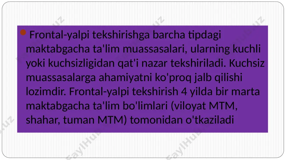 , tarbiyachining ishlash metodlari»; 9 kadrlarni tanlash, joy-joyiga qo'yish, kadrlarni tarbiyalash, ishlash malakalarini oshirish omillari. muassasadagi metodik ishlar, metod kabinet faoliyati; tashkiliy-pedagogik va moliyaviy-xo'jalik ishlarning ahvoli. xalq xo'jalik rejalarning bajarilishi, yo'llanmalar soni, bolalarning davomati (bolalarning muassasaga qatnashi} ishlarning bajaralishi; bolalarga tibbiy yordam tomonidan xizmat ko'rsatish sifati. bolalar ovqatlanishining ratsional ravishda tashkil etishi; ota-onalarning pedagogik, maorif ishlari; 10 mudiraning maktabgacha ta'lim muassasasiga rahbarligi, rahbarlik uslubi. mudira va metodist tomonidan ta'lim tarbiyaviy ishlarga, dastur talablarining bajarilishiga, ularning kontrolligi tekshirish; muassasasining joriy-texnika bazasining ahvoli, xo'jalik faoliyati, xarajatlarni to'g'ri sarflash ishlari; ta'lim-tarbiyaviy ish rejalarining sifatliligi. rejalarning bajarilishi, pedagogikkengash, ishlab chiqarish majlislarini, ota onalar yig'ilishlarini, maktabgacha ta'lim bo'limlari tomonidan chiqarilgan, instruksiya va buyruqlarning bajarilishini nazorat qilish; 11 muassasada ishlab chiqarish masalalarining yo'lga qo'yilishi, hujjatlar, ularning to'g'ri jihozlashishi va saqlanishi; nazoratchi-metodistning tekshirish bo'yicha xulosalari va takliflari. yakuniy pedagogik kengashning o'tkazilishi; frontal-yalpi nazorat qilishning yakuniy tekshirish maqsadiga va vazifasiga bog'liqdir. 12 nazoratchi-metodist pedagogik yoki ishlab chiqarish majlislari …