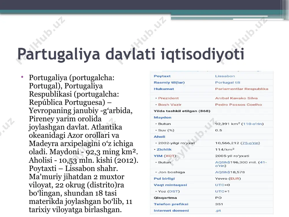miqyosida obro'ga ega bo'lgan bir qator taniqli etakchi kompaniyalar joylashgan, masalan, xalqaro qog'oz bozorida asosiy jahon o'yinchisi bo'lgan navigator kompaniyasi ; sonae industria , dunyodagi eng yiri corticeira amorim , mantar ishlab chiqarish bo'yicha jahon yetakchisi; conservas ramirez , eng qadimgi konserva ishlab chiqaruvchisi; [ 46 ] cimpor , tsement ishlab chiqarish bo'yicha dunyoda 10-o'rinda turadi; edp renováveisk yog'och panellar ishlab chiqaruvchisi; partugaliya davlati iqtisodiyoti shamol energiyasi bo'yicha dunyoda uchinchi o'rinda turadi; jerónimo martins , iste'mol tovarlari ishlab chiqaruvchisi va portugaliya, polsha va kolumbiyadagi chakana bozor yetakchisi; tap air portugal o'zining xavfsizlik ko'rsatkichlari bilan yuqori baholanadi va yevropani afrika va lotin amerikasi (ayniqsa braziliya) bilan bog'laydigan yetakchi aviakompaniyalardan biri. partugaliya davlati iqtisodiyoti partugaliya davlati iqtisodiyoti iqtisodiyotining eng muhim tarkibiy qismi bo'lib, yalpi qo'shilgan qiymatning (yamm) 75,8 foizini tashkil etadi va mehnatga layoqatli aholining 68,1 foizini ish bilan ta'minlaydi. undan keyingi o'rinlarda yaimning 21,9% ni tashkil etuvchi sanoat sektori turadi, bu …