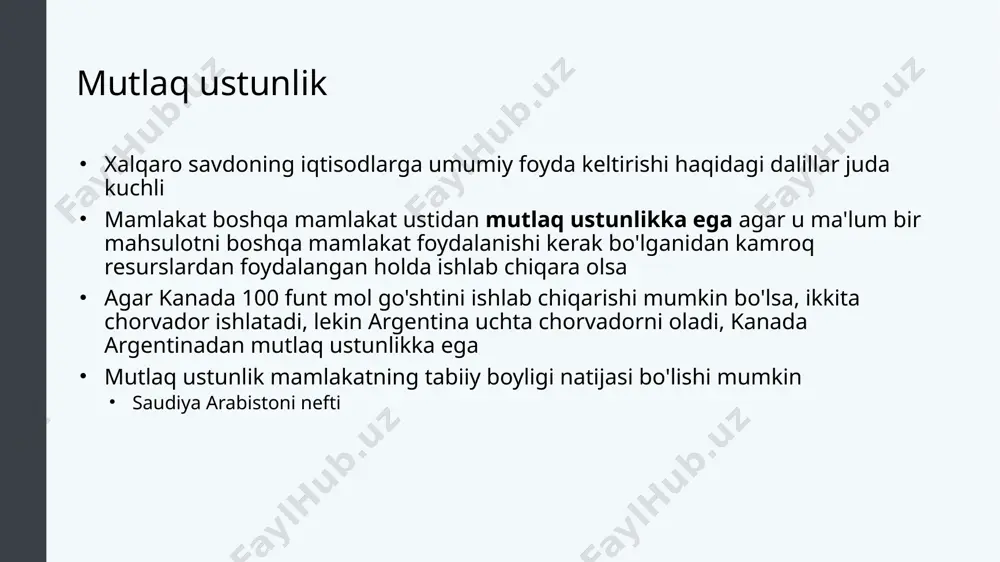 o'zlarining qiyosiy ustunlik zonalarida ishlab chiqarishni ko'paytirsa va bir-biri bilan savdo qilsa, ikkala davlat ham foyda ko'rishi mumkin ishlab chiqarish imkoniyatlari chegarasi bu foydani tasavvur qilish uchun foydali vositadir ishlab chiqarish imkoniyatlari chegarasi har bir mamlakat o'zining cheklangan resurslarini hisobga olgan holda ishlab chiqarishi mumkin bo'lgan maksimal miqdorni ko'rsatadi mamlakat barcha tovarlarda mutlaq ustunlikka ega bo'lganda nima bo'ladi. muallif : openstax kolleji. quyidagi manzilda joylashgan : https://cnx.org/contents/vemoh-_p@4.44:1p6tax-z@3/what-happens-when-a-country-ha . litsenziya : cc by: attribution . litsenziya shartlari : http://cnx.org/content/col11627/latest saytidan bepul yuklab oling 7 mutlaq va qiyosiy ustunlikni hisoblash 1-qadam: ko'rsatilgandek jadval tuzing 2-qadam: mutlaq ustunlikni hisoblash uchun har bir mahsulot uchun kattaroq raqamlarga qarang 3-qadam: qiyosiy ustunlikni hisoblash uchun har ikki mamlakatda bir barrel neft qazib olish imkoniyatini toping 4-qadam: raqamlarni teskari aylantirish orqali bitta yog'ochning imkoniyat narxini hisoblang, tenglamaning chap tomonida yog'och bor. 5-qadam: bu misolda mutlaq ustunlik qiyosiy ustunlik bilan bir xil 6-qadam: kanada nisbatan arzonroq imkoniyatlarga ixtisoslashishi …