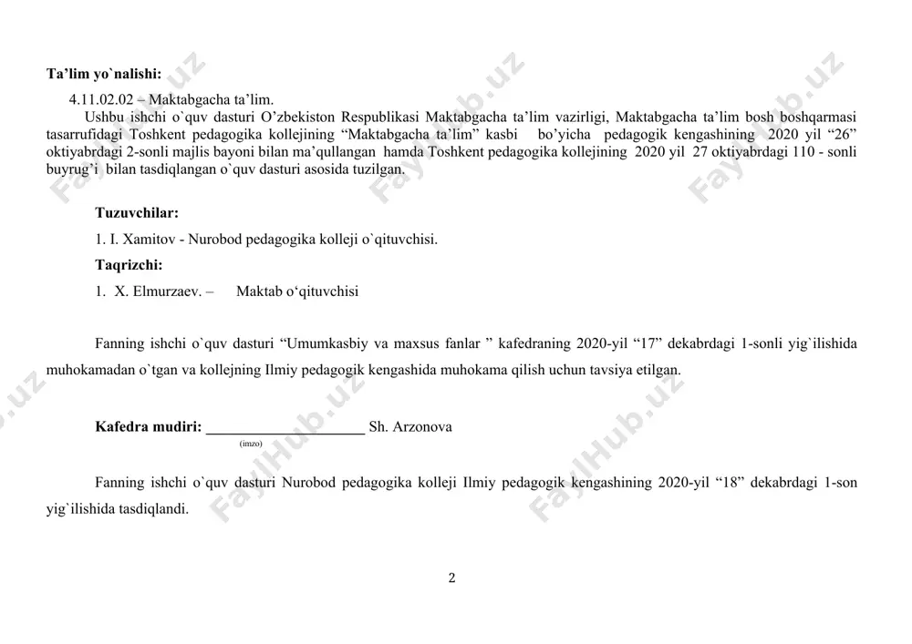 tlar ro`yxati. 23 “bolalar jismoniy tarbiyasi” fani ishchi o`quv dasturiga ekspert xulosasi. 24 i. o`quv fanining maqsad va vazifalari, o`zlashtirish natijalari. ajratilgan soat 80 o’quv ishchi dastur nomi bolalar jismoniy tarbiyasi inson tafakkuri nihoyatda kuchli bo‘lib, bu kuchning beqiyosligi uning yoshligidan bilimlarni qanday va qancha o‘zlashtirishiga juda bog‘liqdir. pedagog va psixologlarimiz fikricha bola 5 yosh gacha insoniyat tajribasining 50- 60% o‘zlashtirar ekan, demak mana shu yosh gacha bolaga eng kerakli bilimlarni yoshiga mos ravishda berish bolaning kelajakda qanday inson bo‘lishiga juda katta turtki bo‘ladi. “ilk qadam” davlat dasturining maqsad, vazifalari va tamoyillarini, hujjat tuzilmasi, ilk va maktabgacha yoshdagi bolalarni oʼqitish va rivojlantirish uchun dasturning ustunligi haqida bilim berish. dasturning maqsadi maktabgacha yoshdagi bolalar jismoniy tarbiya ishlarini ishlari o‘quv fani o‘quvchilarga maktabgacha ta’lim tashkilotlarida ilk yoshdan boshlab to maktab yoshiga yetgunga qadar bolalarni jismoniy rivojlantirish, bola hayotini muhofaza qilish, sog‘lig‘ini yaxshilash, mustaxkamlash, har tomonlama sog‘lom, baquvvat, chiniqqan, o‘z harakatini yaxshi boshqara …