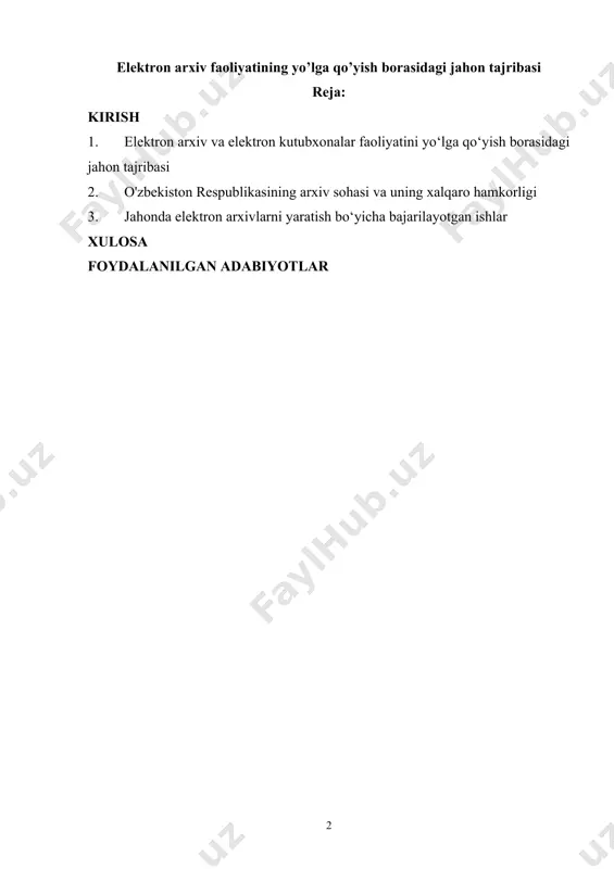 a ish samaradorligini yuqori darajaga kolarish mumkin. hozirda elektron hujjat deganda o‘zida axborotni qayd qilgan, uni identifikatsiyalashni ta’minlaydigan, rekvizitlarga ega bolgan har qanday ma’lumot tashuvchi tushuniladi. hujjat tushunchasi o‘rganishga bir qator ma’lumot tashuvchilar, jumladan, elektron hujjatlar, dvd va cd-disklar kabi identifikatsiyalashda qol keladigan ma’lumot tashuvchilami ham kiritish mumkin. so‘nggi yillarda ko‘pgina tashkilotlar, ayniqsa it sohasida faoliyat olib boruvchi muassasalarda arxiv tizimi tushunchasi juda kam ishlatilmoqda. ko‘p hollarda bu ifoda ostida avtomatlashtirilgan tizimlar bo lib, hujjat omborlari, shuningdek, fayllar hajmini kamaytirish imkonini beruvchi alohida arxivator dasturlar tushuniladi. shunday qilib, elektron arxiv tizimi uchun me’yoriy hujjatlar to‘g‘ri shakllantirilishi lozim. uning vazifasi esa aynan tashkilot arxivi singari tugallangan ishlami saqlashi lozim. 1. elektron arxiv va elektron kutubxonalar faoliyatini yo‘lga qo‘yish borasidagi jahon tajribasi jahonning rivojlangan mamlakatlarida arxiv ishi sohasida olib borilgan ilmiy tadqiqotlarda asosiy e’tibor hujjatlami arxiv saqlovlariga to‘liq qamrab olish va ulami kelajak avlod uchun lozim darajada saqlanishiga erishish, arxiv hujjatlarini elektronlashtirish …