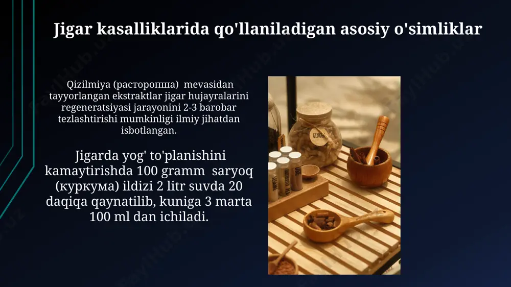 . jigarning regeneratsiyasini tezlashtiruvchi o'simliklar jigar hujayralarining regeneratsiyasini tezlashtirishda silymarin (mariya sholi ekstrakti) 70% gacha samaradorlik ko'rsatadi, bu esa jigar sirrozining rivojlanishini sekinlashtiradi va to'qimalarning tiklanishini qo'llab-quvvatlaydi. kasniyning tarkibidagi apigenin va luteolin kabi flavonoidlar jigarda oksidlovchi stressni kamaytiradi va hujayra himoyasini kuchaytirib, regeneratsiya jarayonini 30-40% tezlashtiradi. zamonaviy tadqiqotlar va istiqbollar klinik tadqiqotlar natijalariga ko'ra, ba'zi o'simlik ekstraktlari jigar sirrozini rivojlanishini sekinlashtiradi va fibroz darajasini 20-30% ga kamaytiradi, bu esa davolashning yangi strategiyasini rivojlantirishga imkon beradi. o'simlik ekstraktlaridan olingan nanokapsulalar va liposomalar kabi yangi dori shakllari jigar hujayralariga maqsadli ta'sir ko'rsatish va biokirishni 50% dan yuqori darajada oshirish imkoniyatini beradi. e'tiboringiz uchun rahmat @taqdimot_robot image1.jpg image2.jpg image3.jpg image4.jpg image5.jpg image6.jpg image7.jpg image8.jpg image9.jpg image10.jpg image11.jpg image12.jpg image13.jpg image14.jpg image15.jpg image16.jpg image17.jpg