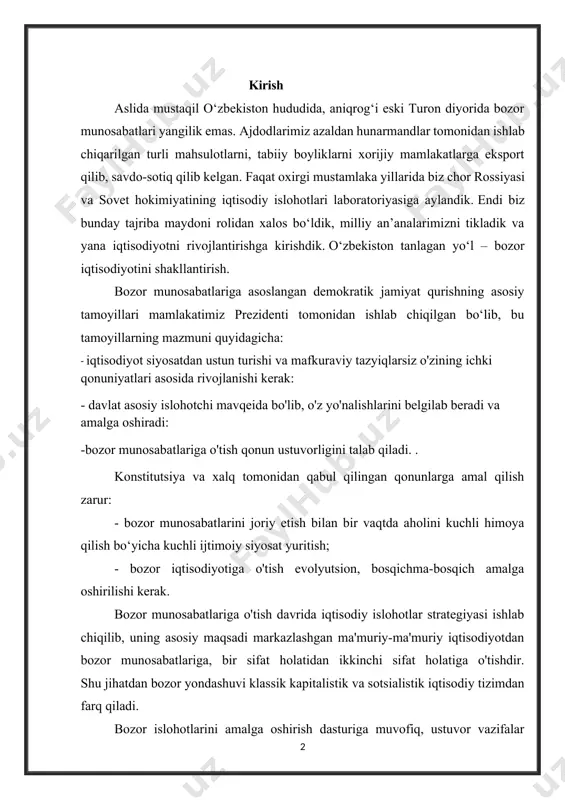 dasturiga muvofiq, ustuvor vazifalar bosqichma-bosqich hal etiladi asosiy qism 1. o’zbekiston qaramlik davrida o’z tabiiy boyliklariga, yer-suv, o’rmon va boshqa resurslariga o’zi egalik qila olmasdi, iqtisodiy taraqqiyot yo’lini o’zi belgilay olmasdi. respublika hududida qurilgan va faoliyat ko’rsatayotgan korxonalar markazga, uning manfaatlariga bo’ysundirilgan edi. o’zbekiston rahbariyati, xalqi o’z hududida qancha mahsulot ishlab chiqarilayotgani, ular qayerda realizatsiya qilinayotgani va qancha daromad keltirayotganidan bexabar edi. moliya-kredit, bank siyosati yuritishda qaram edi, o’zining milliy valyutasiga, valyuta jamg’armasiga ega emasdi. aholi turmush darajasi jihatidan nochorlik, sobiq ittifoq miqyosida eng oxirgi o’rinlardan biri meros bo’lib qolgan edi. rossiya, ukraina va belorussiyadan farqli o’laroq, o’zbekiston aholisining deyarlik uchdan ikki qismi qo’l uchida tirikchilik qilardi. eski mustabid tuzumdan o’tkir ijtimoiy, ekologik muammolar meros bo’lib qolgan edi. mamlakatimiz aholisi yerning nihoyat darajada sho’rlanishi, havo bo’shlig’i va suv zahiralarining ifloslanganligi, radioaktiv ifloslanish, orol dengizining qurib borishi oqibatida juda katta ekologik xavfga duch kelib qolgan edi. «bugun o’sha davr to’g’risidagi haqiqatni …