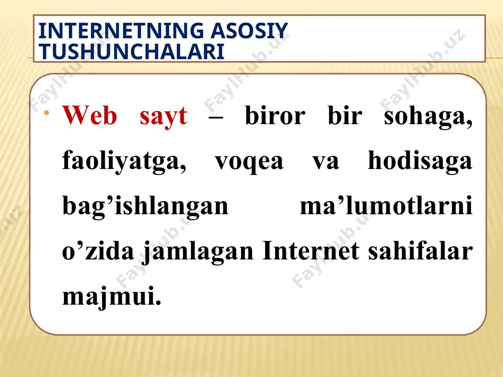 up language язык разметки гипертекста. gipermatnli markerlash yoki belgilashlar tili. internet texnologiyaning 3 jihatini aytib o’tish lozim. 1. o’zida ma’lumotni saqlovchi “server”. 2. serverdagi ma’lumotlarni ko’rish imkoniyatini beruvchi “kliyent”. 3. almashinuv “protokoli” (bayonnoma) ularni ulaydi. matnli, grafika, musiqa va boshqa ko’rishdagi ma’lumotlarni o’zida saqlovchi hujjatlar server-kompyuterida saqlanadi, kliyent-kompyuter yordamida hujjatlar ko’riladi va bir-biriga ma’lumotni http bayonnomasi yordamida yuboradi. image3.jpeg image4.jpeg image5.jpeg image6.jpeg image7.jpeg image8.jpeg image9.jpeg image10.jpeg image11.png image12.png image13.jpeg image14.png image15.gif image16.jpeg image17.jpeg image18.jpeg image19.png image20.png image21.jpeg image22.jpeg image23.jpeg /docprops/thumbnail.jpeg