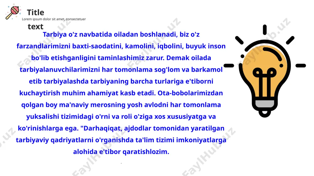 ksiyasi hisoblanadi. shaxsni tarbiyalash pedagogikadagi asosiy tushuncha sanalib, oila va jamiyatning barkamol shaxsni shakllantirishga yo'naltirilgan birgalikdagi faoliyatini anglatadi. tarbiya yordamida inson shaxsining ma'naviy jihatlarini qaror toptirish ko'zda tutiladi. title text lorem ipsum dolor sit amet, consectetuer ma'naviyat va axloqning mohiyati, uning me'yorlari va tamoyillari mazmunini tushunish o'quvchilarni ma'naviy-axloqiy jihatdan fikr yuritishlariga imkon beradi. natijada ular o'zlari va boshqalarning xatti-harakatlarini ana shu nuqtai nazardan baholaydilar. ma'naviy-axloqiy tushunchalar, baholash va muhokama yuritish asosida ma'naviy-axloqiy e'tiqod shakllanadi va nihoyat inson xatti-harakati va xulqi aniqlanadi. ma'naviy-axloqiy e'tiqodga ega inson axloqiy me'yorlar, talablarni ongli bajaradi va ularga hurmat bildiradi. lekin ma'naviy-axloqiy me'yorlar haqida bilimga ega bo'lish va uni tushunish hali e'tiqodni faoliyatga aylantiradi degan gap emas, ma'naviy-axloqiy bilimlar qachon hayotiy tajribalarda qo'llanilib, o'quvchilar tomonidan ularning faoliyatida namoyon bo'lgandagina shakllangan deyish mumkin title text lorem ipsum dolor sit amet, consectetuer oʻquvchida ma'naviy-axloqiy xislatlarni shakllantirishga nisbatan ehtiyoj bo'lishi shart. demak, ma'naviy-axloqiy tarbiyani tashkil etish jarayonida uyushtiriluvchi tadbirlar …