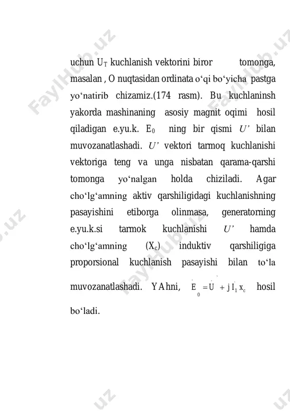 aliy ahamiyatga egadir bu harakteristikasi yordamida sinxron mashinaning sinxron ishlashining mukammalroq o‘rganish mumkin. birlamchi motorning aylantiruvchi momenti tormozlovchi elektromagnit moment bilan muvozanatlashgan xolda ishlasa mashinaning rotori bir xil tezlik bilan aylanadi. agar birlamchi motorning aylantiruvchi momenti ortsa va yana tezda boshlang‘ich motori kamaysa h burchak ham  ga kattalashadi. mos ravishda elektromagnit moment ham ortadi va qiymati   эмэм pp aniqlanadi. bunda yuk momenti birlamchi motorning aylantiruvchi momentidan   эмp ga katta bo‘lishi sababli rotor tormozlanadi va mashinaning aylanuvchi qismlarining inersiyasi sabali  burchak boshlang‘ich h qiymatidan kamayadi. u xolda generatorning tormozlovchi (yuk) momenti birinchi motorning aylantiruvchi momenti kichik bo‘ladi va rotor   эм'p ortiqcha moment tahsirida yana ham tezroq aylana boshlaydi. shunday qilib,  burchak h tevaragida o‘zgarib turadi. rotorning aylanish tezligi ham sinxron tezlik atrofida o‘zgaradi. odatda bu o‘zgarish rotor zanjirida hosil bo‘lgan tokning tormozlovchi tahsirida tez so‘nadi. rasm- . sinxron generatorning burchak xarakteristikasi tormozlovchi …