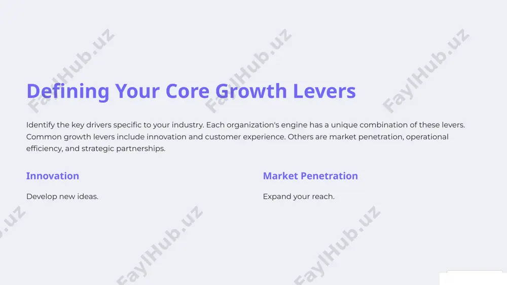 rtners 2 negotiate terms 3 execute plan 7 case study: growth engine in action analyze how a company effectively combines multiple levers. quantify their success with specific financial metrics. metrics include revenue growth and market share increase. 1 strategic partnerships 2 innovation 3 customer experience 8 building your growth engine define your goals, identify key levers, and create a roadmap. establish clear metrics and kpis for each lever. implement monitoring, evaluation, and continuous improvement. 1 define goals 2 identify levers 3 measure progress 9 ignite your growth: next steps assess current drivers, identify gaps, and prioritize initiatives. take actionable steps to improve performance. realize the potential for sustainable growth. 1 assess 2 identify 3 prioritize 10 image1.png image2.png image3.png image4.png image5.png image6.png image7.png image8.png image9.png image10.png image11.png image12.png image13.png image14.png image15.png image16.png image17.png image18.png image19.png