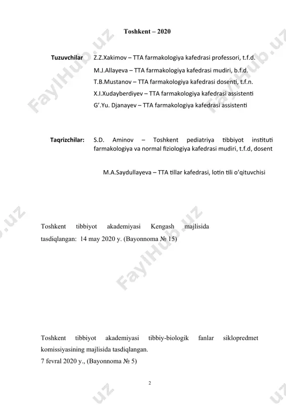 i uchun mo‘ljallangan. shuningdek, umumiy amaliyot shifokorlari uchun ham ma’lumotnoma sifatida xizmat qiladi. аннотация в пособии приведены основные сведения о правилах и способах выписывания рецептов на различные современные формы лекарственных средств с учетом существующих правил по общей рецептуре. представлены так же термины и определения, постоянно используемые в маркетинге здравоохранения и, особенно, в его составной части  маркетинге фармацевтическом. часть вопросов и положений, регламентирующих лекарственное обеспечение учреждений здравоохранения и пациентов, сформулированных в нормативных документах мз руз, приведены в приложении. учебно-методическое пособие предназначено для студентов всех медицинских факультетов. он также служит справочным материалом для врачей общей практики. mundarija kirish 6 umumiy resepturada asosiy tushunchalar 7 davlat farmakopeyasi haqida tushuncha 10 dori moddalarini dozalashning umumiy qoidalari 10 resept va uning tuzilishi 13 resepturada muhim qisqartmalar 14 lotin tilida ot qo’shimchalarining turlanishi 16 dori shakllarining tasnifi 18 suyuq dori shakllari – formae medicamentorum fluidae 18 eritmalar – solutiones 19 ichish uchun eritmalar – solutiones …