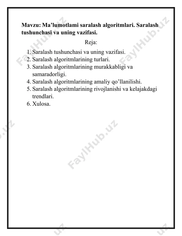 hlov berish va resurslarni optimal tarzda taqsimlashga yordam beradi. misol uchun, resurslarni taqsimlashda ma’lumotlar saralangan holda ishlov berish samaraliroq bo’ladi. 5. algoritmlar va kompyuter tizimlarida qo’llanilishi: saralash algoritmlari dasturlashda keng qo’llaniladi. ular kompyuter tizimlarida, ma’lumotlar bazalarida, grafika tahlilida, qidiruv tizimlarida, tarmoqda va boshqa ko’plab sohalarda qo’llaniladi. masalan, tezkor izlash yoki optimallashtirilgan tahlil qilish uchun saralash algoritmlari ishlatiladi. shu bilan birga, saralash jarayoni turli xil algoritmlar orqali amalga oshiriladi, va har bir algoritmning o'ziga xos afzalliklari va kamchiliklari mavjud. biroq, umumiy maqsad – ma’lumotlarni samarali va tezkor tarzda tartibga solishdir. 2. saralash algoritmlari ma’lumotlarni tartibga solish uchun ishlatiladi. ularning har biri ma’lum bir holatda samarali va turli maqsadlar uchun mo'ljallangan. quyida eng keng tarqalgan saralash algoritmlarining turlari va ularning xususiyatlarini ko’rib chiqamiz: 1. bir xil algoritmlar: bu guruhga oddiy va oson tushuniladigan, lekin katta hajmdagi ma’lumotlar bilan ishlashda samarali bo’lmagan algoritmlar kiradi. · bubble sort (pufakcha saralash): · tavsif: bubble sort …