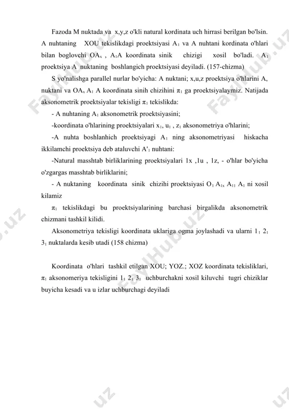 matlariga karab, aksometrik proektsiyalar huyidagicha bo'ladi: -barcha o'zgarish koeffitsientlari teng (m=n=k) bo'lsa, izometriya; -ikkita o'zgarish koeffitsienti teng bo'lib, uchinchisi ulardan farkli (m =n= k, m=k=n, n=k=m) bo'lsa, dimetriya -barcha o'zgarish koeffitsentlari bir-biridan farhli (m =n= k) bo'lsa trimetriya xosil bo'ladi. 3. to'gri burchakli aksonometrik proektsiyalar. 17.3.1. umumiy ma'lumotlar. to'gri burchakli proektsiyalashda aksonometrik proektsiyalash yo'nalishi s aksonometriya tekicligiga perpendikulyar lekin u biror proektsiya o'higa parallel bo'lmaydi. demak aksnometrik proektsiyalar tekisligi biror proektsiya tekisligiga parallel emas (h' paralel emas h1, h2, h3). to'hri burchakli proektsiyalashda fahat birta izometrik proektsiya, lekin cheksiz ko'p dimetrik va trimetrik proektsiyalar xosil bo'lishi mumkin. dst 2.317-69 standarti bo'yicha barcha to'gri burchakli aksonometrik proektsiyalardan ikkitasi ko'rsatib o'gilgan: -to'gri burchakli izometrik proektsiya (160- chizma). -to'gri burchakli dimetrik proektsiya (161-chizma). to'hri burchakli aksonometrik proektsiyalarda h= 90° va stg h= 0 yoki o'zgarish koeffitsentlari kvadratlarining yigindisi ikkiga teng m2+n2+k2=2 to'hri burchakli aksonometriyada uzgarish koeffitsentlarining birortasi ham birdan katta emas. 17.3.2. aylana …