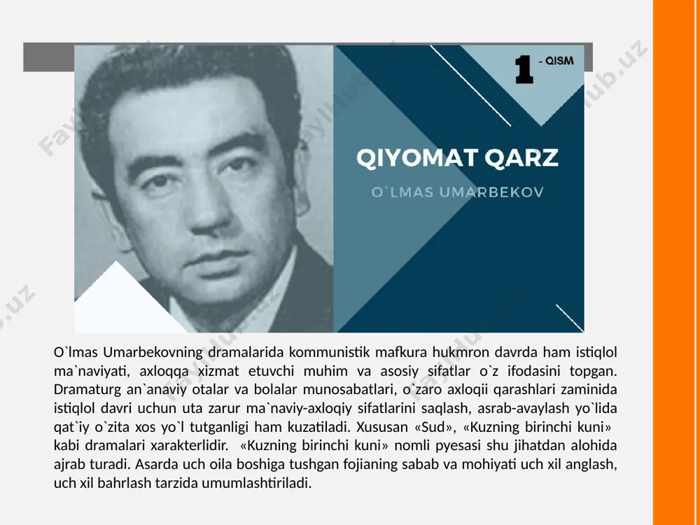 hovlida bir o`zingiz.» 6 ma`lumki, dramada qahramonning o`ziga xosligini belgilashda remarka muhim va asosiy omil hisoblanadi. bu borada sh, boshbekov asarlari yaqqol misol bo`la oladi. uning «temir xotin» nomli jiddiy komediyasining bosh qahramoni qo`chqorning xarakter sifatida shaklanishida remarka katta rol o`ynaydi, qo`chqorning yashash sharoitining qanday ekanligi, u haqidagi dastlabki xarakteristika drama boshida berilgan remarkada beriladi: «qishloqdagi oddiy kamtarona hovli. to`grida bir necha ustunli peshayvon, o`ngda pastgina peshayvon ko`cha eshik, oldiroqda yog`och karovat. sahnadagi har bir jihoz, har bir buyumda nimadir yetishmaydi. eshik deraza romlari yarmi bo`yalgan, qolganining rangi o`chib ketgan, yog`och karovatning bitta og`i yo`q. o`rniga g`isht terib qo`yilgan, ko`rpa yostiqlarga yamoq tushgan, piyolalarning labi o`chgan yoki chegaralangan, choynakning jumragiga tunika kiygizilgan va hakoza». image1.jpeg image2.png image4.jpeg image5.jpg image6.jpg image7.jpeg /docprops/thumbnail.jpeg