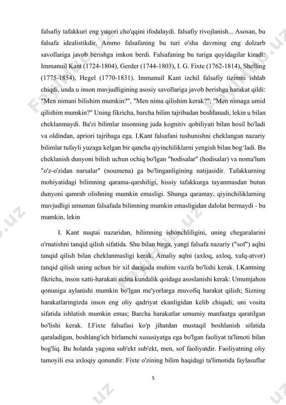 mumkin emasligidan dalolat bermaydi - bu mumkin, lekin i. kant nuqtai nazaridan, bilimning ishonchliligini, uning chegaralarini o'rnatishni tanqid qilish sifatida. shu bilan birga, yangi falsafa nazariy ("sof") aqlni tanqid qilish bilan cheklanmasligi kerak. amaliy aqlni (axloq, axloq, xulq-atvor) tanqid qilish uning uchun bir xil darajada muhim vazifa bo'lishi kerak. i.kantning fikricha, inson xatti-harakati uchta kundalik qoidaga asoslanishi kerak: umumjahon qonuniga aylanishi mumkin bo'lgan me'yorlarga muvofiq harakat qilish; sizning harakatlaringizda inson eng oliy qadriyat ekanligidan kelib chiqadi; uni vosita sifatida ishlatish mumkin emas; barcha harakatlar umumiy manfaatga qaratilgan bo'lishi kerak. i.fixte falsafasi ko'p jihatdan mustaqil boshlanish sifatida qaraladigan, boshlang'ich birlamchi xususiyatga ega bo'lgan faoliyat ta'limoti bilan bog'liq. bu holatda yagona sub'ekt sub'ekt, men, sof faoliyatdir. faoliyatning oliy tamoyili esa axloqiy qonundir. fixte o'zining bilim haqidagi ta'limotida faylasuflar orasida birinchilardan bo'lib ongsizlik muammosini o'rganishga harakat qilgan. f. shelling ijodida erkinlik muammosi va san'at falsafasi alohida o'rin tutadi. shelling uchun asosiy gnoseologik muammolardan …