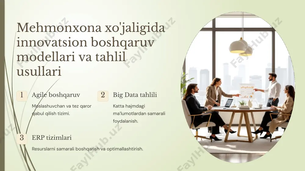 niyatlari shaxsiylashtirish ko‘proq ma’lumot asosida individual xizmatlar globallashuv sharoitida mehmonxona xo'jaligi innovatsion jarayonlarning rivojlanishi mehmonxona biznesi global integratsiya va innovatsiyalar orqali o'smoqda. bu taqdimotda zamonaviy sur’atlar va innovatsion yondashuvlarni ko‘rib chiqamiz. zamonaviy mehmonxona xo'jaligidagi global tendensiyalar va innovatsion yondashuvlar barqarorlik va ekologiya mehmonxonalar energiya samaradorligi va yashil texnologiyalarni joriy etmoqda. shaxsiylashtirilgan xizmat sun’iy intellekt yordamida mijozlarga individual takliflar taqdim etiladi. raqamli texnologiyalarning mehmonxona biznesiga ta'siri va ularning integratsiyasi onlayn rezervatsiya tizimlari mijozlarga qulay va tezkor bron qilish imkoniyatlari yaratildi. smart xonalar iot texnologiyalari yordamida xona sharoitlari zaxira va boshqariladi. ma'lumotlar tahlili biznes qarorlarini yaxshilash uchun katta ma'lumotlar tahlil qilinadi. o'zbekistonda mehmonxona industriyasida innovatsion jarayonlarning joriy holati va istiqbollari rivojlanayotgan turizm infratuzilmasi yangi mehmonxonalar va xizmatlar soni ortmoqda. raqamlashtirish strategiyasi turizm sohasi raqamli platformalarga o'tmoqda. xalqaro hamkorlik innovatsion tajriba almashinuvi va investitsiyalar ko'paymoqda. mehmonxona xo'jaligini innovatsion rivojlantirish strategiyalari va xulosa texnologiyalarni joriy etish raqamli va avtomatlashtirish yechimlarini kengaytirish. treninglar va kadrlar …
