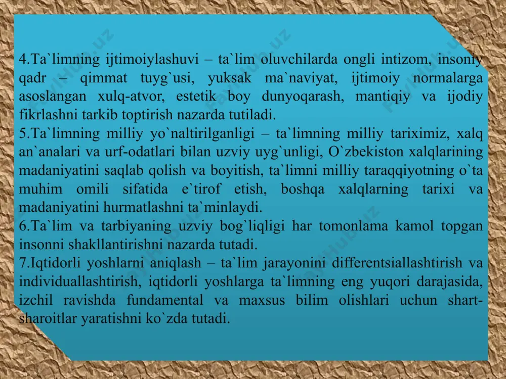 ikkita yo'nalish nazarda tutiladi: o'quvchilarning muayyan darajadagi bilim, ko'nikma va malakalami egallashi; 2. o'quvchilarning tahsil olishdagi mustaqilligini ta’minlash; a — variantdagi o'quv topshiriqlari o'rtacha o'zlashtiradigan o'quvchilarga mo'ljallangan bo'lib, u o'quvchilarning dts bilan me’yorlangan bilim va ko'nikmalarni egauashlarini ta’minlaydi. shuning uchun ushbu o'quv topshiriqlami bajarish bo'yicha ko'rsatmalarda e’tibomi nimalarga qaratish kerakligi, qanday xulosa chiqarish yo'llari aniq belgilab qo'yilishi lozim. с — variantdagi o'quv topshiriqlari o'quvchilarning avval o'zlashtirgan bilim va ko'nikmalarini yangi vaziyatlarda qo'llab, yangi bilimlarni egallashlariga imkon yaratadi. o'quvchilar mavzu bo'yicha berilgan o'quv materiallarini mustaqil o'zlashtiradilar. shuningdek, o'quvchilaming mustaqil va ijodiy fikr yuritish ko'nikmalarini rivojlantirilishiga zamin tayyorlaydi. o'qitishni demokratizatsiyalashtirish talablariga muvofiq o'quvchilarga o'quv topshiriqlarini tanlash huquqi beriladi. в — variantdagi o'quv topshiriqlarini tuzishda o'qituvchi o'quvchilaming o'quv va aqliy faoliyat usullaridan foydalanishini nazarda tutgan holda, dts bilan mfe’yorlangan bilim va ko'nikmalarni egallashdan tashqari shaxsning mustaqil fikr yuritish ko'nikmalarini rivojlantirish maqsadida muammoli va mantiqiy xarakterdagi topshiriqlami kiritadi. biologiyani o'qitishda tabaqalashtirilgan yondashuvni amalga oshirish …