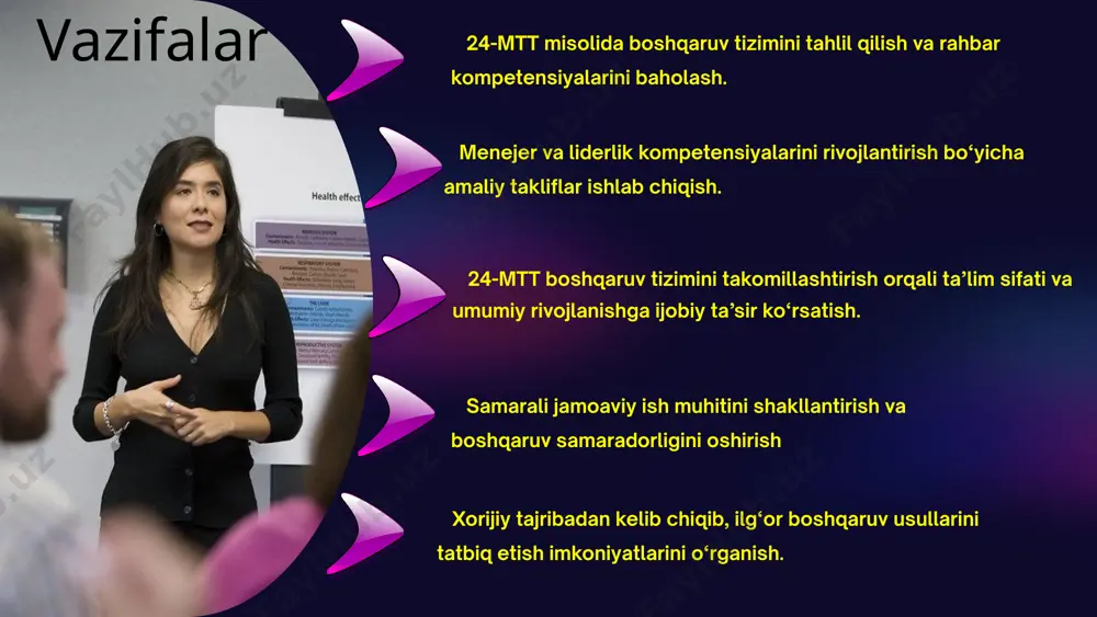 rning faqatgina menejerlik qobiliyatlari emas, balki liderlik fazilatlari ham muhim ahamiyat kasb etadi. shuning uchun, mtt rahbari sifatida boshqaruv jarayonlarida rejalashtirish, tashkil etish, nazorat qilish va innovatsion yondashuvlarni joriy etishga alohida e’tibor qaratish lozim. tadqiqot davomida o‘zbekiston tajribasi hamda aqsh, yaponiya va kanada kabi rivojlangan davlatlarning ta’lim boshqaruvidagi yondashuvlari o‘rganildi. unga ko‘ra, chet el tajribasidan foydalangan holda menejer va lider sifatidagi boshqaruv tamoyillarini takomillashtirish muhimligi aniqlandi. jumladan, innovatsion ta’lim metodlarini qo‘llash, xodimlarning doimiy rivojlanishini qo‘llab-quvvatlash, ota-onalar bilan hamkorlikni mustahkamlash va muassasada ochiq boshqaruv tizimini shakllantirish samaradorlikni oshirishi mumkin. 11 taklif menijerlik kompetensiyalarini oshirish – direktor muntazam ravishda menejerlik va liderlik kurslarida ishtirok etishi, xalqaro va mahalliy tajribalarni o‘rganishi lozim. pedagog va xodimlar uchun treninglar – menejerlik va liderlik ko‘nikmalarini oshirish maqsadida seminar va treninglarni muntazam tashkil etish zarur. tashkiliy boshqaruvni takomillashtirish – samaradorlikni oshirish uchun strategik rejalashtirish va vazifalarni aniq taqsimlash tizimini yo‘lga qo‘yish kerak.innovatsion yondashuvlarni joriy qilish – xorijiy …