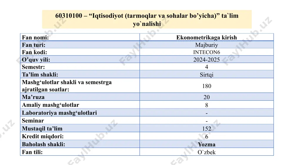 a axborot texnologiyalari 2 mustaqil ta`lim (mt) 152 1. amaliy mashg‘ulotlarga tayyorgarlik ko‘rish, uyga vazifalarni bajarish 30 soat 2. mavzularni o‘quv adabiyotlari yordamida mustaqil o‘zlashtirish 30 soat 3. hemis platformasidagi fan topshiriqlarini bajarish 30 soat 4. mavzular bo‘yicha ilmiy maqola va tezislarni o‘rganish 18 soat 5. mavzular bo‘yicha videomateriallarni o‘rganish 18 soat 6. mavzular bo‘yicha testlar tayyorlash 18 soat 7. berilgan mustaqil ta`lim mavzulariga oid taqdimotlar tayyorlash 8 soat real ko’rsatkichlarni qo’llab, iqtisodiy bog’liqlikni hisoblash usullarini o’rgatuvchi fan ekonometrikadir. so‘zma-so‘z ekonometrika iqtisodiyotni o‘lchashni anglatadi. ushbu termin ikkita so‘z “ekonomika” va “metrika” larning birlashishidan hosil bo‘lgan. grek tilidan tarjima qilganda oikonomos (ekonomist) – bu uy boshqaruvchisi, metrika (metrihe, metron) –o‘lchov ma’nolarini bildiradi. ekonometrikaning predmeti bu iqtisodiy jarayonlar va hodisalarning o‘zaro bogʻliqligini miqdoriy ifodalanishni o‘rganish hisoblanadi ekonometrika boshqa fanlar iqtisodiy hodisalar miqdoriy xarakteristikalar nuqtai nazaridan o‘rganiladi. iqtisodiy qonunlarning amaldagi jarayonlarga mos kelishi tekshiriladi. iqtisodiy nazariya. iqtisodiy hodisalarning sifat jihatlari o‘rganiladi. matematik iqtisodiyot. …