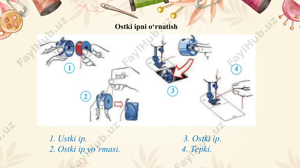 tikuv mashinasiga ip o‘rnatish, mashina choklaridan namunalar tikish 5-sinf - Page 5