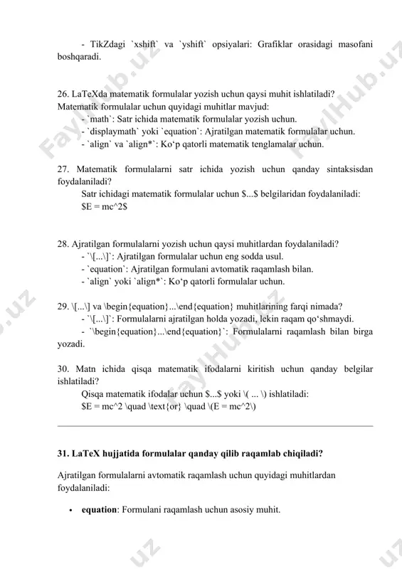 ajratilgan formulalar avtomatik ravishda markazda joylashadi. quyidagilarni ishlatishingiz mumkin: \[ e = mc^2 \] 35. bir nechta formulalarni vertikal ravishda qanday tartibda joylashtirish mumkin? · align muhitidan foydalanish: formulalar vertikal ravishda tartib bilan joylashtiriladi. \begin{align} a &= b + c \\ d &= e - f \end{align} 36. raqamlangan formulaga avtomatik murojaat qilish uchun qaysi buyruq ishlatiladi? · \label va \ref: \begin{equation} e = mc^2 \label{eq:energy} \end{equation} biz tenglamaga quyidagicha murojaat qilamiz: \ref{eq:energy}. 37. formulalar raqamlarini bo‘lim raqamiga bog‘lash uchun nima qilish kerak? \numberwithin buyrug‘idan foydalaniladi: \numberwithin{equation}{section} 38. \tag yordamida maxsus raqamlarni qanday belgilash mumkin? formulaga maxsus raqam berish uchun \tag{} ishlatiladi: \begin{equation} e = mc^2 \tag{1.1} \end{equation} 39. ajratilgan formulalarni raqamlashdan chiqarish uchun qaysi buyruq ishlatiladi? · equation* yoki **\[...\]: \[ e = mc^2 \] 40. formulaga avtomatik murojaat uchun \label va \ref buyruqlaridan qanday foydalaniladi? \begin{equation} f = ma \label{eq:force} \end{equation} bu tenglamaga murojaat: \ref{eq:force}. 41. "display" va …