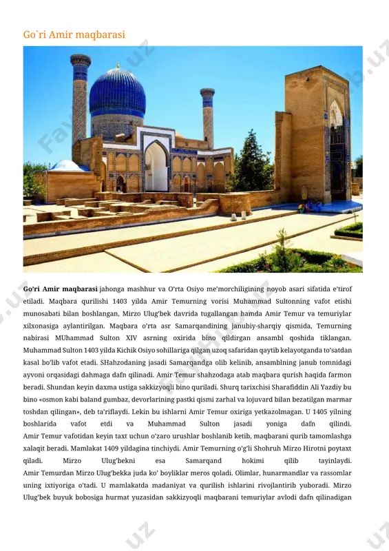 rli tosh devorlar orqali bogʻlangan. aytishlaricha, amir temurning uzoq mamlakatlarga qilgan safarlaridan birida uning eng suyukli xotini saroymulkxonim, xalq ichida uni bibixonim deb ham ataydilar, mamlakatdagi eng mashhur bashoratchilarni yigʻib, yulduzlar bashorat qilgan vaqtda ushbu maschidni qurishni boshlagan ekan. bibixonimning chiroyiga oshiq boʻlib qolgan va sevgi yoʻlida devona boʻlib oʻz jonini fido qilgan yosh meʼmor maschidni qurilishi tugash arafasida ishni paysalga sola boshlagan, chunki maschid qurulishining tugashi uning uchun bibixonim ruhsoridan ayrilishi edi. ana shunday kunlarning birida shaharga amur temurning chopari keladi va uning shaharga qaytayotgani haqidagi habarni aytadi. bibixonim machit qurilishini tezroq tugatishni talab qiladi. meʼmor qurulishni tezroq tugatish uchun bitta shart qoʻyadi, u ham boʻlsa bibixonimning bitta boʻsasi edi. nima qilish kerak? bibixonim rozi boʻlishdan boshqa chora topmaydi. u yuziga yostiq qoʻyib, yostiq ustidan boʻsaga rozi boʻladi. lekin yosh meʼmorning boʻsasi shu darajada kuchli va issiq ediki, u yostiq ustidan ham oʻtib sohibjamolning yuzida iz qoldiradi. amir temur …