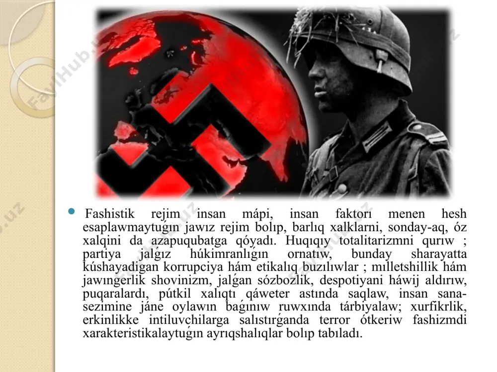 kimeti octavkaga shigiwga májbúr boldı. prezident gindenburg katolik orayı partiyası ǵayratkeri g. bryuningti kansler etip tayınladı. biraq gsdp oppoziciyaǵa ótip, g.bryuning húkimeti aktiv háreket ete almadı. nátiyjede mámleket prezidenttiń ayrıqsha dekretleri kúshi menen basqarıla baslandı. bul jaǵday, óz náwbetinde, reyxstaqtıń abıroyın tómenletti. 1932-jılı ol tek ǵana 5 nizam qabıl etti. fashizm - bul ekstremal millechilik, avtoritarizm hám totalitarizmniń birlespesi bolip, tiykarınan 20-ásirde, ásirese, i hám ii jáhán urısları dáwirinde óziniń en kúshli kórinisin tapqan siyasiy bagdar. fashizmniń tariyxı hám kórinisleri hár túrli mámleketlerde ózine tán tárizde kóringen, biraq uliwma ózgeshelikler sıpatında onıń orayında diktatorlıq, mámlekettiń kúsheyiwi, jámiyettegi radikal ózgerislerdi ámelge asırıw ushın zorlıq hám repressiyalar bar. 1. italiyada fashizm (mussolini rejimi) italiya, fashizmniń tuwilgan watanı. fashizmniń rásmiy teoriyası hám siyasiy háreketi italiyada benito mussolini tárepinen 1919-1920-jıllarda tiykar salınģan. mussolini hám oniń partiyası, italiya fashistlik partiyası (partito nazionale fascista), birinshi bolip fashizmdi mámleketlik siyasat sipatında engizdi.milletshillik hám mámleket avtoritarizmi: mussolini óz …