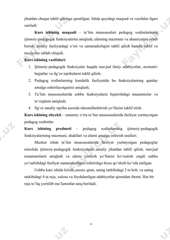ujjatlar va ilg‘or tajribalarni tahlil qilish; 2. pedagog xodimlarning kundalik faoliyatida bu funksiyalarning qanday amalga oshirilayotganini aniqlash; 3. ta’lim muassasalarida ushbu funksiyalarni bajarishdagi muammolar va to‘siqlarni aniqlash; 4. ilg‘or amaliy tajriba asosida takomillashtirish yo‘llarini taklif etish. kurs ishining obyekti – umumiy o‘rta ta’lim muassasalarida faoliyat yuritayotgan pedagog xodimlar. kurs ishining predmeti – pedagog xodimlarning ijtimoiy-pedagogik funksiyalarining mazmuni, shakllari va ularni amalga oshirish usullari. mazkur ishda ta’lim muassasalarida faoliyat yuritayotgan pedagoglar misolida ijtimoiy-pedagogik funksiyalarni amaliy jihatdan tahlil qilish, mavjud muammolarni aniqlash va ularni yechish yo‘llarini ko‘rsatish orqali ushbu yo‘nalishdagi faoliyat samaradorligini oshirishga hissa qo‘shish ko‘zda tutilgan. ushbu kurs ishida kirish, asosiy qism, uning tarkibidagi 2 ta bob, va uning tarkibidagi 4 ta reja, xulosa va foydalanilgan adabiyotlar qismidan iborat. har bir reja to’liq yoritilib ma’lumotlar aniq beriladi. i bob. ijtimoiy-pedagogik faoliyatning nazariy asoslari 1.1. ijtimoiy pedagogika fanining predmeti va vazifalari ijtimoiy pedagogika o`z nomiga ko`ra sotsium, ya'ni jamiyat bilan shug`ullanadi. shu …