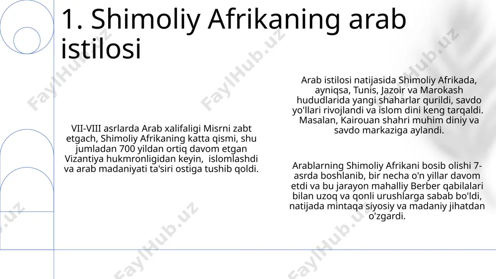 ga olgan va musulmon olimlar va savdogarlar uchun muhim madaniy markaz boʻlgan keng hududlarni nazorat qilgan. 6. oʻrta asrlarda afrikaning siyosiy tuzilmalari oʻrta asrda sahroi kabirdan janubdagi mintaqalar bilan shimoliy afrikani bogʻlovchi trans-sahara savdo yoʻllari tufayli 500 yildan ortiq vaqt davomida tuz, oltin va qullar kabi tovarlarning ulkan oqimi yuz bergan. gʻarbiy afrikadagi malining timbuktu shahri 14-asrda trans-sahara savdo yoʻllarining muhim markaziga aylanib, tuz, oltin va qullar bilan birga matolar, otlar va temir buyumlarning katta hajmdagi savdosini amalga oshirgan. sharqiy afrikaning svahili qirgʻogʻi hindiston va yaqin sharq bilan dengiz orqali faol savdo aloqalarini oʻrnatgan boʻlib, fil suyagi, oltin, mirra va qimmatbaho toshlar kabi 100 dan ortiq mahsulotlar almashilgan. 7. oʻrta asr afrikasining savdo yoʻllari gʻarbiy afrika imperiyalari, masalan, mali imperiyasi 13-asrda oʻzining eng yuqori choʻqqisiga chiqib, timbuktu kabi yirik savdo markazlarini nazorat qilib, trans-sahara savdosida muhim rol oʻynagan. gʻana imperiyasi 8-11-asrlarda oltin va tuz savdosidan katta boylik orttirib, sahrodan janubga …