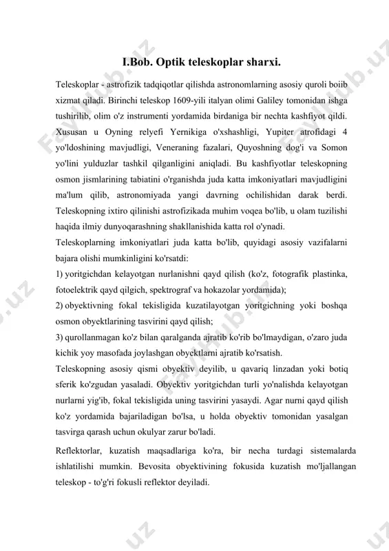 4 yo'ldoshining mavjudligi, veneraning fazalari, quyoshning dog'i va somon yo'lini yulduzlar tashkil qilganligini aniqladi. bu kashfiyotlar teleskopning osmon jismlarining tabiatini o'rganishda juda katta imkoniyatlari mavjudligini ma'lum qilib, astronomiyada yangi davrning ochilishidan darak berdi. teleskopning ixtiro qilinishi astrofizikada muhim voqea bo'lib, u olam tuzilishi haqida ilmiy dunyoqarashning shakllanishida katta rol o'ynadi. teleskoplarning imkoniyatlari juda katta bo'lib, quyidagi asosiy vazifalarni bajara olishi mumkinligini ko'rsatdi: 1) yoritgichdan kelayotgan nurlanishni qayd qilish (ko'z, fotografik plastinka, fotoelektrik qayd qilgich, spektrograf va hokazolar yordamida); 2) obyektivning fokal tekisligida kuzatilayotgan yoritgichning yoki boshqa osmon obyektlarining tasvirini qayd qilish; 3) qurollanmagan ko'z bilan qaralganda ajratib ko'rib bo'lmaydigan, o'zaro juda kichik yoy masofada joylashgan obyektlarni ajratib ko'rsatish. teleskopning asosiy qismi obyektiv deyilib, u qavariq linzadan yoki botiq sferik ko'zgudan yasaladi. obyektiv yoritgichdan turli yo'nalishda kelayotgan nurlarni yig'ib, fokal tekisligida uning tasvirini yasaydi. agar nurni qayd qilish ko'z yordamida bajariladigan bo'lsa, u holda obyektiv tomonidan yasalgan tasvirga qarash uchun okulyar …