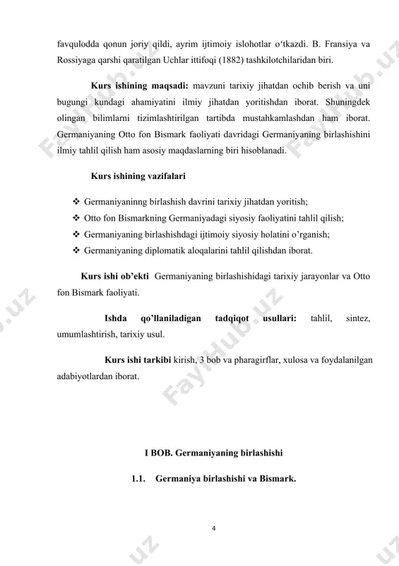 k sabablar sabab bo’ldi. birlashtirish qurol orqali amalga oshirildi. prussiya hududini kengaytirgan va imperiyaning yaratilishiga olib kelgan uchta urush bo’lgan. avstriya va frantsiya eng ko’p jabr ko’rgan, chunki ular ba’zi hududlardan voz kechishga majbur bo’lgan va qo’shimcha ravishda ularning siyosiy kuchlari pasaygan. napoleon urushlari oxirida muqaddas germaniya imperiyasiga tegishli bo’lgan barcha hududlarni bir xil davlatga birlashtirish g’oyasi ustun kela boshladi. 1815 yilda bo’lib o’tgan vena kongressi bu maqsad uchun millatchilik talablarini qondirmadi. birlashmasidan oldin germaniya 39 xil shtatlarga bo’lingan edi. ham siyosiy, ham iqtisodiy, ham harbiy jihatdan eng ko’zga ko’ringanlari avstriya imperiyasi va prussiya qirolligi edi. birlashish jarayonining ikki qahramoni prussiya qiroli vilyam i va uning kansleri otto von bismark edi. ikkalasi ham birlashgan germaniya maqsadiga erishish uchun manevr qilishni boshladilar va bu qit’a markazining buyuk kuchiga aylandi.[footnoteref:1] [1: bismarck hat laut der darstellung volker ullrichs (otto von bismarck. 4. auflage, rowohlt, reinbek 1998) den titel eines herzogs zu lauenburg …