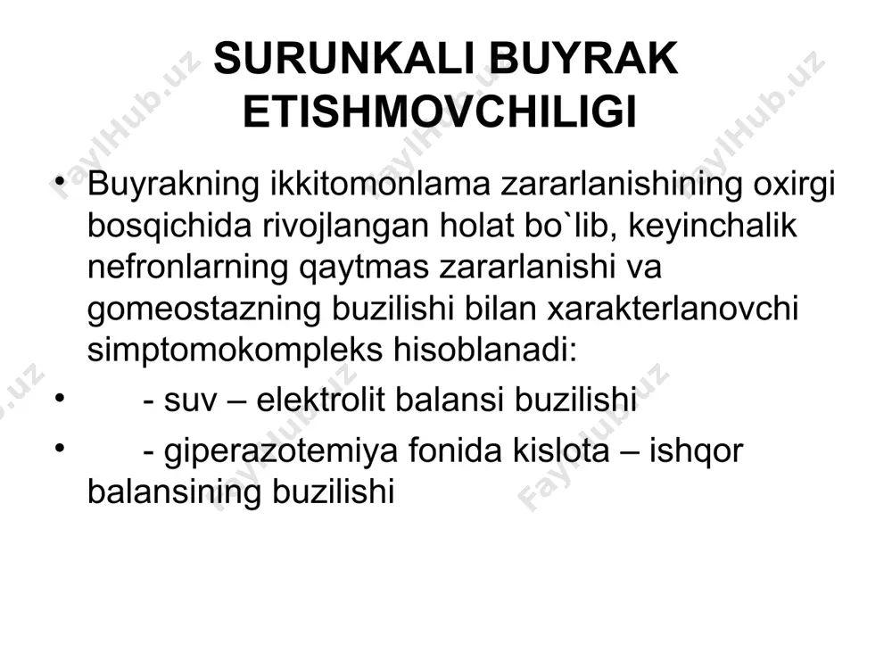 tatsiyasi sbe bosqichiga qarab bemorlarni davolash. . sbe і asosiy kasallikni davolash va vaqtida diagnoz qo`yish, kuchayib borish tempini kamaytirish лечить или не лечить вот в чем вопрос? j. malczewski, «polskiy gamlet», 1903 sbe іі sbe ііі sbe іv + dializga tayyorlash sbe v dializ renoproteksiya – kasallikka olib keluvchi faktorlarni kamaytirish va qolgan nefronlarni saqlab qolish arterial gipertenziyani koreksiyalash koptokcha ichi giperfiltratsiyasini kamaytirish proteinuriyani kamaytirish defitsitli anemiyani kamaytirish kalsiy-fosfor almashinuvini koreksiyalash sbe davolash (nospetsifik). parhez parhez № 7b, terminal stadiyasida №7g ovqatda oqsil miqdorini kamaytirish (kamoqsilli parhez) k+, na+, mg2+,fosfatlar saqlovchi mahsulotlarni kamaytirish. gemodializ ko`rsatma: sbe іv – v (qonda kreatinin 0,529 mmol/l dan baland, kft 15 ml/min dan kam. turg`un oligouriya (sut 500 ml dan kam.) uremiyaning klinik belgilari (o`pka shishi, eksudativ plevrit, polineyropatiya, va b.) giperdegidratatsiya giperkaliemiya (7 g/l dan ko`p). e`tiboringiz uchun raxmat !
