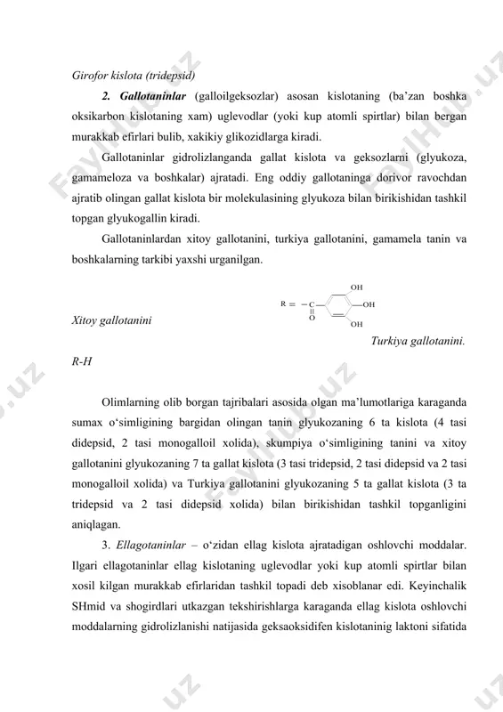 egidrodigallat kislota, valoniv kislota va boshkalar ajratib olingan xamda yaxshi urganilgan. xebulin kislota esa birinchi marta kristall xolda ajratib olingan tanin xisoblanadi. yuqorida kursatilgan o‘simliklardan tashqari anor mevasining pustida, oddiy dub daraxtining pustlog‘ida xamda turkiya gallasining tarkibida xam ellagotanilar bo‘ladi. ii. kondensatsiyalanuvchi tanidlar (kotanidlar). bu guruxdagi tanidlar molekulasida efirlarga xos boglanish bulmaydi, ular uzaro difenil tipida birlashadi. shuning uchun xam bu tanidlar suyultirilgan kislotalar tas’sirida oddiy birikmalarga parchalanmaydi. aksincha, ular kuchli kislotalar va boshka birikmalar ta’sirida (yoki uzi oksidlanib) rangli birikmalar – flobafenlarni xosil kiladi. kondansatsiyalanuvchi tanidlar uch valentli temir tuzlari bilan kora-yashil rangla chukma xosil kiladi. ishkorlar ishtirokida yukori xaroratda kizdirilgan kondensatsiyalanuvchi tanidlar, uzidan pirokatexin bilan bir katorda ba’zan floroglyusin xam ajratadi. kondensatsiyalanuvchi tanidlarni ba’zan kuyidagi guruxchalarga buladilar: 1.flavan unumlari. kondensatsiyalanuvchi tanidlarning asosiy kismini flavan unumlari – flavolanlar: flavan-3-ollar va kisman flavan-3,4-diollar tashkil kiladi. flavonlar flavanlarga yakin birikmalar bulib, keyingi vaktda ularning bir kanchasi tanidlar tarkibidan sof xolda ajratib …