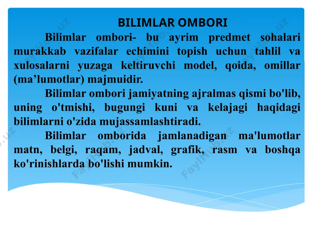 ning vazifasiga quyidagilar kiradi: • bilimlar omboridagi ma’lumotlarga kirish; • bilimlar omboridagi axborotlarni modifikatsiyalash (yangilash); • kompyuter o‘chirilganda yoki dasturlar ishi to‘xtab qolganda boshqarishning tezda qayta tiklanishi; • bilimlar omboridan bir vaqtda bir necha kom pyuterning foydalanishi va foydalanuvchilarning bir-biriga xalaqit bermasligi; • bilimlar omboridagi ma’lumotlardan foydalanishning cheklanganligi va ularni tashqi ta’sirlardan himoyalanishi. sun’iy intellekt tushunchasi «sun’iy intellekt» tushunchasi dastlab aqshda paydo bo'ldi va sekin-asta boshqa davlatlarda ham keng qo‘llanila boshlandi. 1981-yili sun'iy intellekt bo‘yicha kanadada xalqaro konferensiya bo‘lib o‘tdi. intellekt — insonning tafakkur yuritish qobiliyati. sun’iy intellekt aqliy hatti–harakatlarga nisbatan kompyuter tizimining qobiliyati tushuniladi. ko‘pincha bunda inson fikrlashi bilan bog‘liq qobiliyat anglanadi. sun’iy intellekt shaxsning nisbatan barqaror bo‘lgan, masalan, axborotni qabul qilish va undan ma’lum masalalarni hal qilishda foydalana olishi kabi aqliy qobiliyatini ifodalaydi. intellektual tizimning asosiy prinsipi shundaki, biror masalani yechishda insonning mantiqiy fikrlash usulidan foydalaniladi. eksper tizimlar ekspert tizimi – bu ayrim mavzu sohalarida bilimlarni to‘plash va …