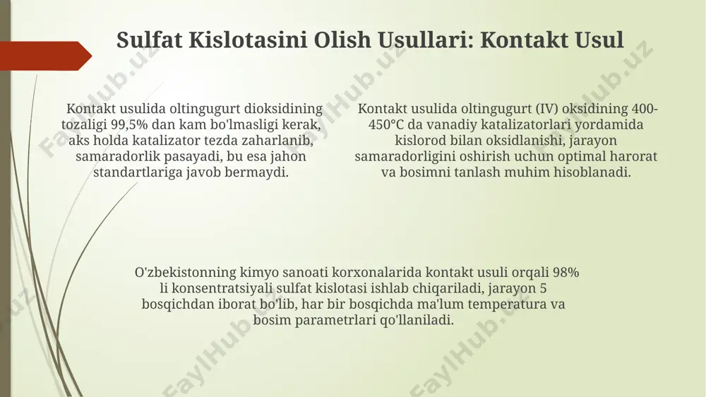 dagi zavodlarda ishlab chiqarilgan sulfat kislotasi, 98% li konsentratsiyasi bilan, metallarni tozalash va metallurgiya jarayonlarida muhim rol o'ynaydi. sulfat kislotasining xavfsizligi va muhofazasi sulfat kislotasi bilan ishlashda 98% li konsentrlangan eritmalar bilan ishlashda 30°c dan yuqori haroratlarda reaksiya tezligi keskin ortadi, shuning uchun xavfsizlik choralariga rioya qilish muhim, ayniqsa samarqanddagi kimyo zavodlarida. sulfat kislotasining teriga tushishi jiddiy kuyishga olib kelishi mumkin, shuning uchun 10-15 soniya davomida sovuq suv bilan yuvib, keyin tibbiy yordamga murojaat qilish kerak. toshkent shahridagi kuyish markazlari tegishli muolajani ta'minlaydi. sulfat kislotasi bug'lari nafas olish yo'llarini qattiq ta'sir qiladi, shuning uchun yaxshi shamollatiladigan joylarda yoki 5-filtrli respiratorlardan foydalanish majburiydir, ayniqsa farg'ona vodiysi kabi sanoat hududlarida. xulosa va savollar ўзбекистонда кукирт кислотаси асосан минерал ўғитлар, металлургия ва нефть-кимё саноатида 30 дан ортиқ турдаги маҳсулотлар ишлаб чиқаришда кенг қўлланилади. кукирт кислотасининг сульфатлаштириш усулида ишлаб чиқариш жараёнида 450°c гача бўлган юқори ҳароратлар ва 1-2 атмосфера босимдан фойдаланилади. жаҳон бўйича 2022 …