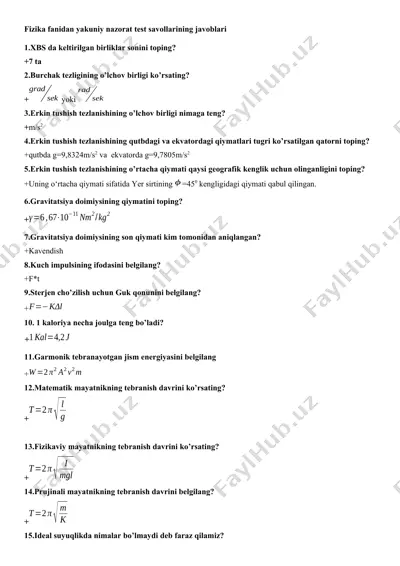 fizika fanidan yakuniy nazorat test savollarining javoblari — DOCX
