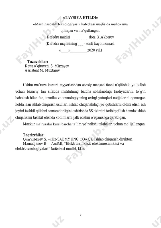 ishda sifat menejmenti tizimi. - 72 13. 12-mavzu. korxonaning mujassamlashgan menejment tizimi. - 75 14. 13-mavzu. tayota yo`lining 14 printsipi. - 79 15. 14-mavzu. jidoka avtonomlashtirish printsipi. - 87 16. 15-mavzu. lean ishlab chiqarishda xodimlarni jalb etish. - 91 17. 16-mavzu. kadrlarni saqlab qolish. - 95 18. 17-mavzu. moddiy boyliklarni yaratishda oqim xaritasi (value stream maping (vsm). - 99 19. 18-mavzu. gemba va kayzen. - 102 20. 19-mavzu. six sigma. - 109 21. 20-mavzu. smart tizimi. - 113 4 kirish o`zbekiston prezidenti shavkat mirziyoyevning 2017—2021 yillarda o`zbekistonni rivojlantirishning beshta ustuvor yo`nalishi bo`yicha harakat strategiyasi haqidagi farmoni ushbu yildagi eng ahamiyatli farmoni bo`ldi chunki, bu farmonda yurtimizni harakatlar strategiyasi 5 bosqichda amalga oshirilib, ularning har biri bo`yicha yil nomlanishidan kelib chiqqan holda alohida bir yillik davlat dasturini tasdiqlashni nazarda tutadi. farmonda davlat va jamiyat qurilishi tizimini takomillashtirishning 5 ta ustuvor yo`nalishi keltirilgan: 1. demokratik islohotlarni chuqurlashtirish va mamlakatni modernizatsiya qilishda oliy …