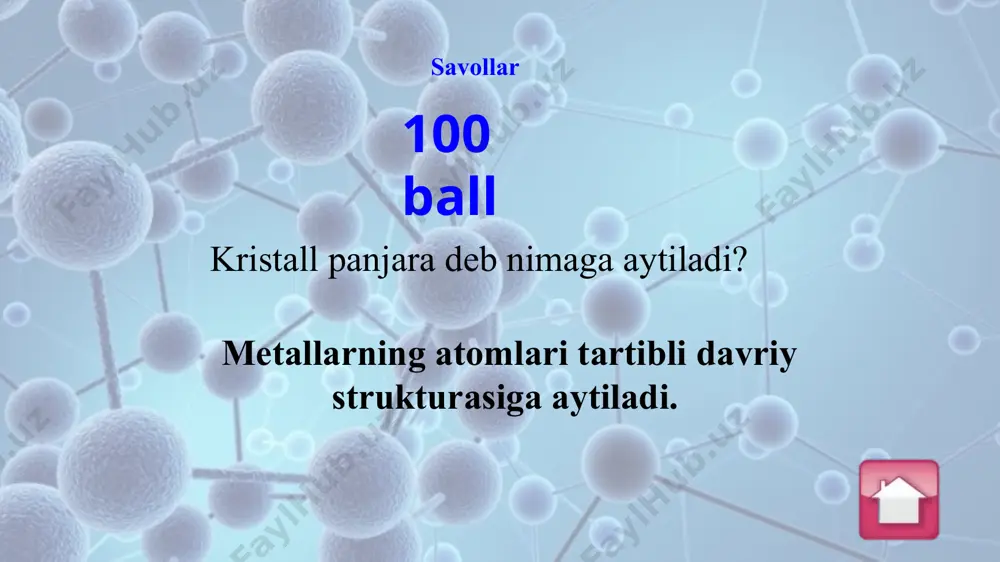alentning xbs dagi birligini ayting? 200 ball suyuqlikda elektr toki birliklar 300 ball suyuqlikda elektr toki birliklar mg/c ni kg/c ko’tinishida ifodalang. kg/c 400 ball suyuqlikda elektr toki birliklar faradey soni f ning xbs dagi birligi qanday? c/mol 100 ball suyuqlikda elektr toki formulalar elektroliz hodisasi tufayli ajralib chiqgan modda massasini aniqlash formulasi m=kq yoli m=kiδt 200 ball suyuqlikda elektr toki formulalar elektroliz hodisasi paytida elektrolitdan o’tayotgan tok kuchini topish formulasi 300 ball suyuqlikda elektr toki formulalar kimyoviy ekvalentning modda atom valentligiga bog’liq bo’lgan formulasi qanday? 400 ball suyuqlikda elektr toki formulalar elektroliz paytida ajralib chiqgan modda masasini valentlikga va faradey soniga bog’liq bo’lgan ifodasi qanday? 100 ball suyuqlikda elektr toki masalalar elektrolit eritmasidan 2 s davomida 5 a doimiy tok o'tib turdi. katodga kelgan ionlar zaryadining umumiy miqdori necha kulon? 200 ball suyuqlikda elektr toki masalalar agar elektroliz vaqtida cus04 eritmasidan 100 с elektr zaryad o'tgan bo'lsa, katodda necha …