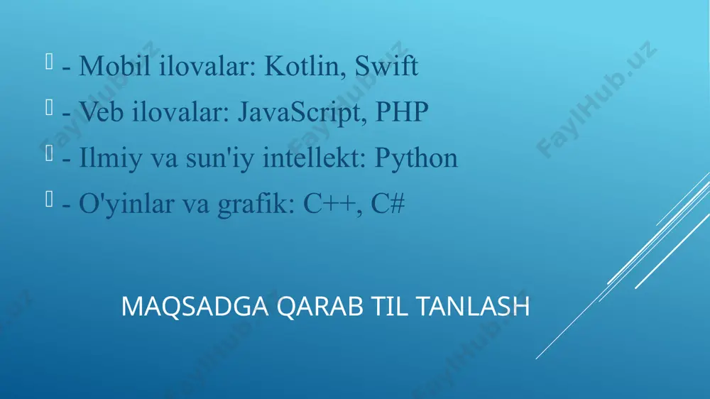 tizimlarda va platformalarda ishlaydi. 4. o`rganish uchun ham, tushunish uchun ham juda qulay va sodda kod. 5. moslashuvchanlik. python dasturlash tili ma’lum masalani yechish uchun cheklanmagan. bu til dasturchilarga yangi yangi yo`nalishlarga kirish imkonini beradi. python quyidagi sohalarda qo`llaniladi: web va internet dasturlash, kompyuter o`yinlarini yaratish, ma’lumotlar bazasi bilan ishlash (db), computer vision, foydalanuvchilar uchun grafik interfeys, mobil ilovalar buyumlar internet va hokazolar. c++ dasturlash vositasining yaratilishi esa nafaqat professional dasturchilar, balki oddiy dastur tuzuvchilar uchun ham keng yoʻl ochib berdi. juda qisqa vaqt ichida borland kompaniyasi c++ning bir qator laxjalarini ishlab chiqdi. c++ ning oxirgi laxjalarida ma’lumotlar bazasini yaratish va qayta ishlash, internet tarmogʻidan foydalangan holda ma’lumotlar alamashinuvini oʻrnatish, dasturlashning obyektga yoʻnaltirilgan modelini keng qoʻllash, vizual dasturlashda yangi komponentalar kutubxonasini (vcl) yaratish kabi asosiy farqli imkoniyatlarni oʻz ichiga oladi. borland c++ builder 6 - bir necha muhim ahamiyatga ega boʻlgan texnologiyalar kombinatsiyasini oʻzida mujassam etgan: yuqori darajadagi mashinali kodda …