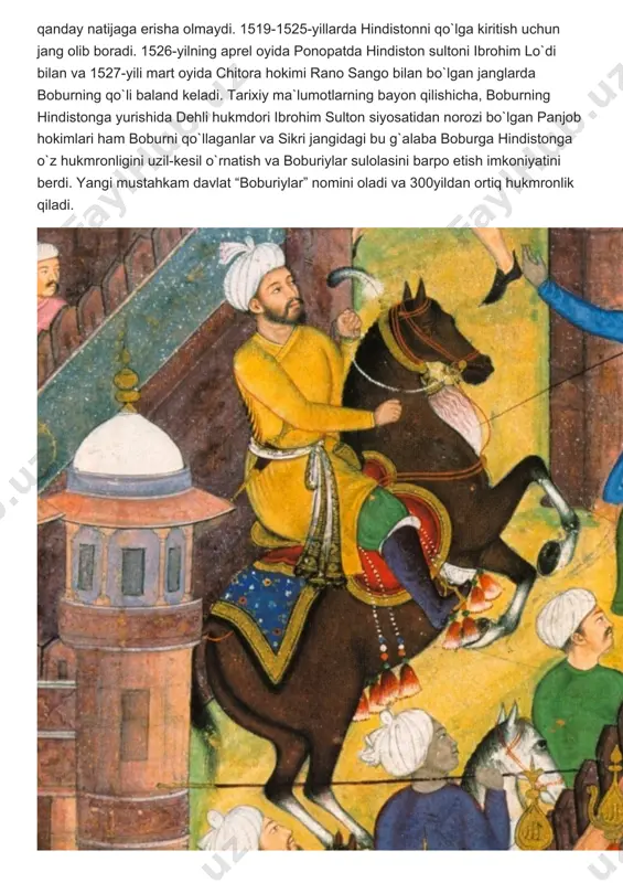 lari, shoirlari, musiqashunoslarini mujassam etgan mukammal bir ma`naviy-ruhiy muhit vujudga keldi. boburning ilm-ma’rifat haqidagi g’oyalari bobur o’z ma’rifiy, madaniy,ijtimoiy faoliyatida ilmli kishi (ustoz), ilmni o’rganish uchun ilm talabgori bo’lish g’oyasini oldinga surdi. bobur deydi: kim yor anga ilm tolibi ilm kerak, o’rgangali ilm tolibi ilm kerak. men tolibi ilm tolibi ilm yo’q, men borman ilm tolibi, ilm kerak. bobur ilmli bo’lishni istaganlarni ilmni zo’r havas, ishtiyoq bilan egallashga da’vat etdi. bobur axloq-odob va insonparvarlik haqida bobur axloq-odob haqidagi qarashlariga yaxshilik, vafodorlikni eng go’zal fazilat sifatida ulug’laydi, yomonlikni jafo keltiruvchi illat sifatida qaradi: har kimki vafo qilsa,vafo topqusidur, har kimki jafo qilsa jafo topqusidur. yaxshi kishi ko’rmagay yomonlig’ hargiz, har kimki yomon bo’lsa, jazo topqusidur. bobur odamlarni elga yaxshilik qilib,o’zidan yaxshi nom qoldirishga chorlaydi: bori elga yaxshilik qilgilki, mundin yaxshi yo’q. kim degaylar dahr aro qoldi falondin yaxshi yo’q,. bobur yaxshi xulqlikni,kishilarga yaxshilik qilishni insonni oliyjanobligini hisoblaydi. bobur mehnat ahlini qadrladi …