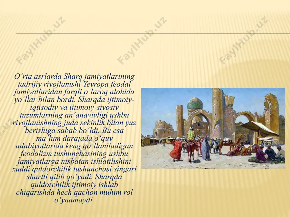 mlakatlarida vujudga kelgan xususiy yer egalari qaram dehqonlarni ekspluatatsiya qilishda o‘z irodasini ob’yektiv ifoda etuvchi feodal davlatga tayangan bo‘lsalar, sharq mamlakatlarida esa davlatning o‘zi hokimiyatga aloqador bo‘lgan va asosan erkin dehqonlardan renta solig‘i undirish hisobiga yashovchi chinovnik-byurokratlardan iborat hukmron doiralardan tuzilgan edi. sharq mamlakatlari ijtimoiy-siyosiy rivojlanishining o‘ziga xos xususiyatlari bu yerda g‘arbiy yevropa feodal mamlakatlariga xos bo‘lgan davlat shakllarining tashkil topmaganligi bilan belgilanadi. sharqda o‘z domenlari hududi doirasida suveren huquqlarga ega bo‘lgan feodallar-senorlarning o‘ziga xos ittifoqi tarzidagi senorlik monarxiyasi shakllanmadi. davlat boshqaruvining bunday shakli sinflarning tashkil topish jarayoni nihoyasiga yetgan jamiyatda vujudga kelishi mumkin edi. shuningdek, sharq shaharining qandaydir biror mustaqilligi yo‘q edi, binobarin o‘z tabaqa maqsadlari va manfaatlari uchun kurashuvchi shaharliklar tabaqasi shakllanmagan jamiyatda tabaqa-vakillik monarxiyasining ham tashkil topishi mumkin emas edi. sharq jamiyatlari ijtimoiy-siyosiy tuzumining yana bir muhim o‘ziga xos xususiyatini u yoki bu jamiyatning hukmron diniy mafkurasi, jamiyat a’zolarining dinga va hokimiyatga nisbatan munosabati belgilaydi. masalan, konfutsiylikni …