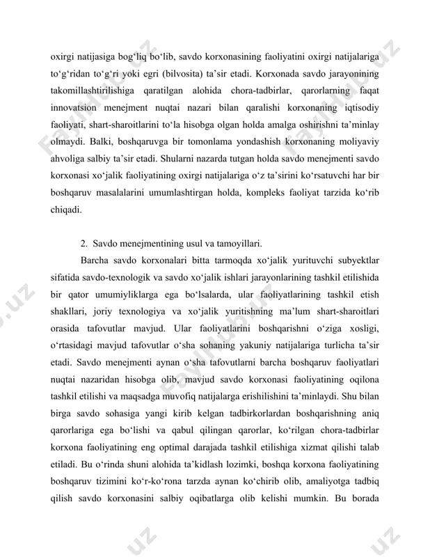 tadbiq qilish savdo korxonasini salbiy oqibatlarga olib kelishi mumkin. bu borada o‘zbekiston respublikasi prezidenti i.a.karimov shunday degan edilar: “bugungi kunning eng muhim vazifasi hayotimizning barcha sohalarida, ayniqsa boshqaruvda, respublika miqyosida, viloyat, shahar, tuman, qishloq va mahallalarni boshqarishda, tarmoq va bo‘g‘inlarni idora etishda yangicha fikrlaydigan, qiyin damlarda ma’suliyatni o‘z zimmasiga ola biladigan, hayot bilan hamqadam yurishga qodir, imoni pok, bilimdon, ishbilarmon odamlarni topish, ularga ishonch bildirishdan iboratdir.”1 hatto eng maqbul boshqaruv qarorlari savdo korxonasining faoliyatiga ijobiy ta’sir etgan bo‘lsada, o‘sha qarorlar, chora-tadbirlardan savdo faoliyatining kelgusi, yangi bosqichlarda foydalanish va aynan ko‘chirib olib amalda tadbiq etish muvaffaqiyat keltirmaydi. chunki, bozor iqtisodiyotiga o‘tish davrida tashqi omillarning tasir dinamikasi va iste’mol bozori holatining doimiy tarzda o‘zgarishi ma’lum faoliyat doirasidagi qarorlarning qat’iy va doimiy belgilab qo‘yilishiga yo‘l qo‘ymaydi. bundan tashqari savdo korxonasining hayotiylik davri mobaynidagi kelgusi bosqichiga o‘tishi bilan korxonaning ixtisosligi bo‘yicha ichki shart-sharoitlari o‘zgarib turadi. shuning uchun savdo menejmenti tashqi omillar ta’sirining o‘zgarishi dinamikasi, …