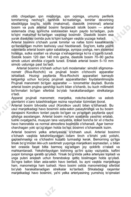 da, shuningdek maksimal nafas olish cho‘qqisida bajariladi o‘pkaning tiriklik sig‘imi — spirometr asbobida o‘lchanadi. buning uchun bemor chuqur nafas olib, spirometr asbobiga puflaydi. erkaklarda normada o‘pkaning tiriklik sig‘imi ayollarnikiga qaraganda katta bo‘ladi. muskul kuchi — dinamometr asbobida qo‘l va oyoqlarda alohida o‘lchanadi . antropometrik o‘lchashlardan keyin, hamshira vrach bemorni ko‘zdan kechirayotganda ishtirok etadi. ekg qilish va tashxisni aniqlash uchun boshqa shoshilinch tekshirishlar o‘tkazishda yordamlashadi, sanitariya tozalovi o‘tkazish uchun bemorni sanitariya-tozalov xonasiga olib boradi. 2. arterial bosim sistola va diastola vaqtida tomirlar devoriga tushadigan qon bosimidir. u sog‘lom odamlarda ham yurak tomirlar sistemasiga baho berish maqsadida o‘lchanadi. arterial bosim yurakdan otilib chiqadigan qon miqdoriga, qon oqimiga, umumiy periferik tomirlarning nechog‘li qarshilik ko‘rsatishiga, tomirlar devorining elastikligiga bog‘liq. istolik (maksimal), diastolik (minimal) arterial bosim va puls arterial bosimi farqlanadi istolik bosim — arterial sistemada chap qorincha sistolasidan keyin paydo bo‘ladigan, puls to‘lqini maksimal ko‘tarilgan vaqtdagi bosimdir. diastolik bosim esa yurak diastolasi oxirida puls …