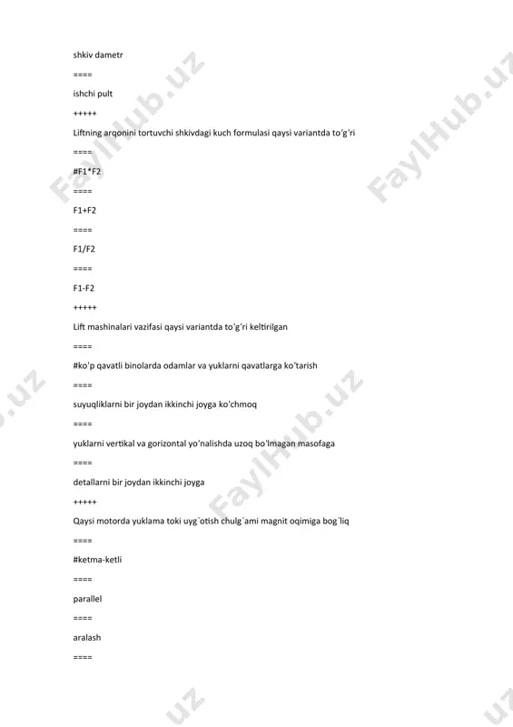el +++++ telferlar elektryuritmalarida ishlatiladigan dvigatel quvvati qaysi variantda to‘g‘ri keltirilgan ==== #7,6 kvt ==== 5 kvt ==== 7,9 kvt ==== 8,5 kvt +++++ lift ko‘tarilish paytida umumiy kuch f noldan kichik bo‘lsa qaysi rejim bo‘ladi ==== #generator rejimi ==== dvigatel rejm ==== dinamik tormoz ==== mexanik tormoz +++++ lift ko‘tarilish paytida umumiy kuch f noldan katta bo‘lsa qaysi rejim bo‘ladi ==== #dvigatel rejimi ==== generator rejm ==== dinamik tormoz ==== mexanik tormoz rejm +++++ ko‘tarish mexanizmlarining magnit kontrollerli va asinxron dvigatelli elektryuritmasi sxemasidagi uv elementi vazifasi qaysi variantda to‘g‘ri keltirilgan ==== #elektromagnit tormiz ==== yukni tepaga ko‘tarishni cheklov ==== vaqt relelar ==== yukni orqaga siljitish magnit o’zak +++++ ko‘tarish mexanizmlarining magnit kontrollerli va asinxron dvigatelli elektryuritmasi sxemasidagi kt2 elementi vazifasi qaysi variantda to‘g‘ri keltirilgan ==== #vaqt relesi ==== elektrmagnit tormoz ==== yukni tepaga ko‘tarishni cheklovchi tugma ==== yukni orqaga siljitish magnit o’zak +++++ ko‘tarish mexanizmlarining magnit kontrollerli va asinxron …