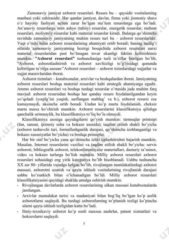 rativ uzatish va qabul qilish imkonini berdi. insoniyat taraqqiyotining aynan shu bosqichi “globallashuv” jarayonining debochasi bo’lib qoldi. axborot uzatish vositslarining taraqqiyoti tezkor va ishonchli aloqa vositalariga muxtoj bo’lgan fan va texnikaning gurkirab rivojlanishiga olib keldi. to’rtinchi information inqilob (xx asrning 70–yillari) mikroprotsessorli texnika va xususan, personalkompyuterlarning paydo bo’lishi bilan bog’liq. shuni ta’kidlab o’tish lozimki, axborot revolyutsiyasiga xx asr o’rtalarida kompyuterlarning paydo bo’lishi emas, mikroprotsessorli tizimlarning keng tarqalishi sabab bo’ldi. ushbu jarayon axborotlarni saqlash va izlash tizimlarini radikal o’zgartirib, kompyuterli telekommunukatsiyalarning paydo bo’lishi va rivojlanishiga olib keldi. aynan to’rtinchi information inqilob “axborotlashgan jamiyat” rivogiga asos soldi. axborot katta oqimlarining vujudga kelishiga: · bilimlarning turli sohalari bo’yicha davriy nashrlarning ko’payib borishi; masalan, xx asr boshlarida ilmiy xodim uchun fizika sohasida chop etiladigan 10 tagacha oylik jurnal bilan tanishib borish yetarli hisoblangan bo’lsa, asr oxiriga kelib, bu ro’rsatkich 100 ga yetdi. · ilmiy va amaliy faoliyat natijalari e’lon qilinadigan kitob, hujjatlar, hisobotlar, dissertatsiyalar …