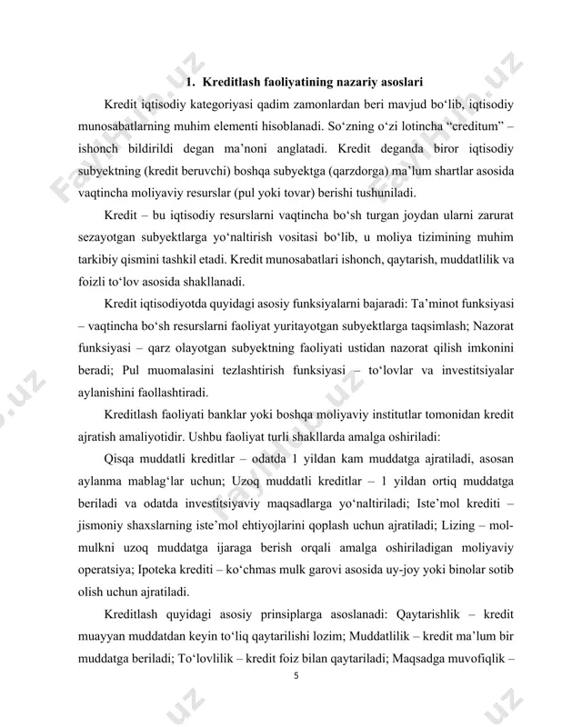 redit olishi mumkin. kreditlarning nazariy asoslanishi ikkita asosiy sohaga bo'linadi. bu tasnif naturalistik va kapital yaratuvchi nazariyalar bilan ifodalanadi. kreditning naturalistik nazariyasining boshlanishini a. smit va d. rikardo qo’ygan bo’lib, ular kreditlarni ishlab chiqarish kapitali aylanmasining shakllaridan biri deb hisoblaganlar. ushbu nazariyaning asosiy jihatlari quyidagi fikrlarni o'z ichiga oladi: · tabiiy moddiy ne'matlar kredit ob'ekti sifatida ishlaydi. · ssuda kapitali ishlab chiqarish kapitali bilan belgilanadi. · banklar kapital harakatida vositachi boʻlib, kreditga passiv rol yuklanadi, ishlab chiqarish kapitali aylanmasini ta'minlaydi. · kredit mustaqil moliyaviy birlik sifatida haqiqiy qiymat yaratmaydi. · kapital aylanmasi jarayonidan kelib chiqadigan ehtiyojlar kreditni rivojlantirish doirasini cheklaydi. · unda ishlab chiqarish kapitalining aylanmasi natijasida olingan foyda kredit foizlarining manbai - qo'yilgan kapitaldan olingan daromaddir. 19-asrning oʻrtalarida iqtisodiyotda yetakchi oʻrinni quyidagi gʻoyalar bilan tavsiflangan kreditning kapital-ijodiy nazariyasi egalladi: · koʻpaytirish jarayoni kreditga taʼsir qilmaydi. · iqtisodiyot rivojlanishining asosiy omili kreditdir. · banklar kreditlar "ishlab chiqarish" bilan shug'ullanuvchi tuzilmalardir. …