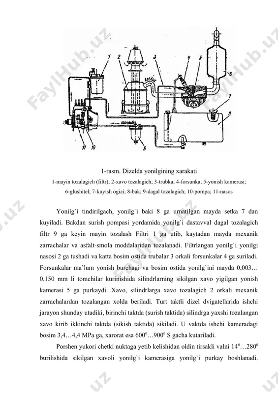 ishi bilan uni uz-uzidan yonish jarayoni kechikadi, chunki yonilg`i kam sikilgan muxitga tushadi, agarda yonilg`i juda erta purkalsa, yonilg`ining ertarok yonishi natijasida bosim porshenning yukori chetki nuktaga yetmasidan oldin oshib, kuvvat ancha kamayadi va dvigatelning f.i.k. pasayadi. yonish kamerasining konstruksiyasi xavoni sikishda jadal uyurmali xarakat xosil bulishiga imkon berishi kerak, bu esa yonilg`ini isishi va buglanish vaktini kiskartirishga imkon beradi. 3. yonilg`ining o`z-o`zidan alangalanishini baholash dizel yonilg`ilari dvigatelda issiklik va bosim ostida uzidan-uzi alangalanadi, buning uchun xarorat kerakli darajada kutarilishi kerak va unga uzidan-uzi alangalash xarorati deyiladi. yonilg`i tomchisi kancha kichik bulsa, uning parlanish darajasi oshib boradi. dizel dvigatellari detonatsiya bilan ishlamaydi, fakatgina yumshok va kattik ishlashi bilan ajralib turadi. bu asosan yonilg`ining seton soniga boglik buladi. setan soni yonilg`i tarkibida xajmga nisbatan % xisobida setanning alfamitilnaftalinga nisbati bilan ulchanadi. bir etalon deb, setan yoki h-geksodekon s16 n34 parafin uglevodordning normal yonilg`idagisi 100 birlik deb kabul kilingan. agarda uz-uzidan alangalanuvchi …