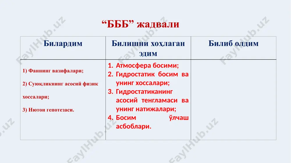 623-1662) паскалнинг бу қонуни асосида фанда улкан кашфиётлар яратилди (гидравлик пресс) гидростатиканинг асосий тенгламаси натижалари класстер ихтиёрий нуқтадаги босимни топиш формуласи туташ идишлар қонуни паскал қонуни суюқликли манометр пьезометр u симон пьезометр пружинали манометр масала - 1 h=1,5 м =1000 2. =100+10 1,5=115 берилган: 2) ; 1) ; 1. = g=1000 10= 10000 н/ ечиш тартиби: ҳисоблаш формулалари: =? =? масала - 2 =1,2 м =1,2 м =750 2. += =100+10 1,2+7,5 1,2=121 берилган: 2) ; 1) ; 1. = g=750 10= 7500 н/ ечиш тартиби: ҳисоблаш формулалари: =? =? масала - 3 =1,2 м =1,0 м =2,4 м 1. + ; берилган: 1) ; ечиш тартиби: ҳисоблаш формулалари: =? =? 2. ; 3. 4. )= =100+10 (7,5 1,0+10 1,2)=105,5 5. =? =? 2) 3) масала - 4 =1,2 м =1,0 м =0,8 м 1. + ; берилган: 1) ; ечиш тартиби: ҳисоблаш формулалари: =? =? 2. ; 3. 4. …