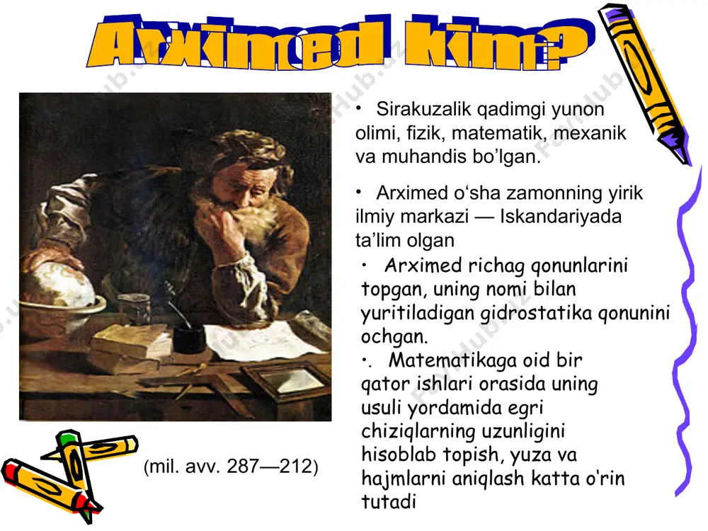 ni ishlab chiqqan. tetraedr kuboktaedr «parabola kvadraturasi» asarida arximed parabolaik segmentning maydonini hisoblash usulini batafsil bayon etdi. shuni ta’kidlash kerakki, arximed, integral hisoblashlar kashf etilishidan ikki ming yil avval ushbu yechimni uddalagan. «aylana o’lchamlari haqida» asarida esa arximed «π» sonini qiymatini aniqladi va uning har qanday aylana uchun o’zgarmas qiymat ekanligini isbotladi. biz hozirgacha butun sonlarni arximed o’ylab topgan usul bilan hisoblaymiz… “silindr va shar haqida” traktat ularning hajmlari nisbati 2/3 ga teng deb aytiladi.. “tekis yuzali jismlar muvozanati” nomli risolasi turli shakllarning masa markazlarini topishga bag’ishlangan.. “konoidlar va sferoidlar” nomli traktatida esa arximed shar, ellips,parabolik va giperbolik aylanishlar, ularning hajmlarini topish haqida yozadi.. “aylana uzunligi” nomli asarida arximed π sonini 17 xona aniqlikda o’lchab beradi. ("исчисление песчинок") «lemm kitobi", “stomoxion" 20 asrgagina kelib ma’lum bo’lgan.”uslub” (yoki“efod") va “to’g’ri yettiburchak“ lar ham arximedga tegishli bo’lgan asarlar. “uslub” asarida arximed matematik tenglamalar orqali mexanik hodisalarni isbot qilish yo’llarini yozadi.. yevropaliklar uyg’onish …