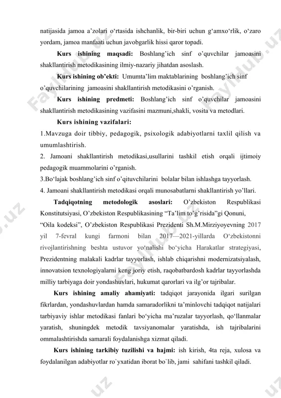 rasida so‘z yuritamiz. jamoa va jamoa orqali tarbiyalash – tarbiya tizimida muhim ahamiyatga ega bo‘lgan tamoyillardan biridir. shaxsni shakllantirishda jamoaning etakchi rol yo’nash to’g‘risidagi fikrlar pedagogika fanining ilk rivojlanish davrlaridayoq bildirgan. jamoada uning a’zolari o‘rtasidagi munosabatning alohida shakli yuzaga keladi, bu esa shaxsning jamoa bilan birgalikda rivojlanishini ta’minlaydi. lekin har qanday sinfni ham jamoa deb hisoblab bo‘lmaydi. jamoa bir qator belgilarga egadirki, mazkur belgilar jamoani kishilarning yotarli darajada uyushgan har qanday sinfdan ajratib turadi. tarbiya jarayoniga o‘z-o‘zini tarbiyalash jarayoniga o‘tganda yuksak darajaga erishiladi. ayrim o‘quvchilar va umuman jamoa o‘z faoliyatini mustaqil rejalashtiradi va tashkil etadi, o‘ziga va bir-biriga talablar qo’yadi va o‘z-o‘zini nazorat qiladi. sinf rahbari va o‘quvchilar jamoasi yo’-niyatlari va ishlarida birgadirlar. past darajadan yuqori darajagacha boradigan yo’l uzoq bo‘lib, muayyan quvonchiliklarni bartaraf etish bilan kechadi. ayni paytda jamoani shakllantirish yuzasidan olib boriladigan ishlar yuzasidan juda qiziqarlidir. bu sinf rahbarining asosiy ishidir. umuman maktab o‘quvchisi tarbiyasining asosiy natijalari bu …